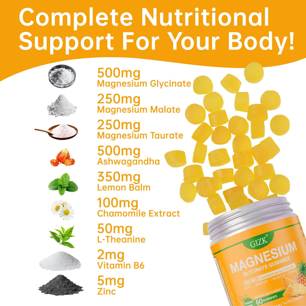 Magnesium Glycinate Gummies 500mg – Sugar Free Magnesium Gummies for Sleep, Stress, Muscle & Nerve Support – for Adults & Kids 4+, Vegan,