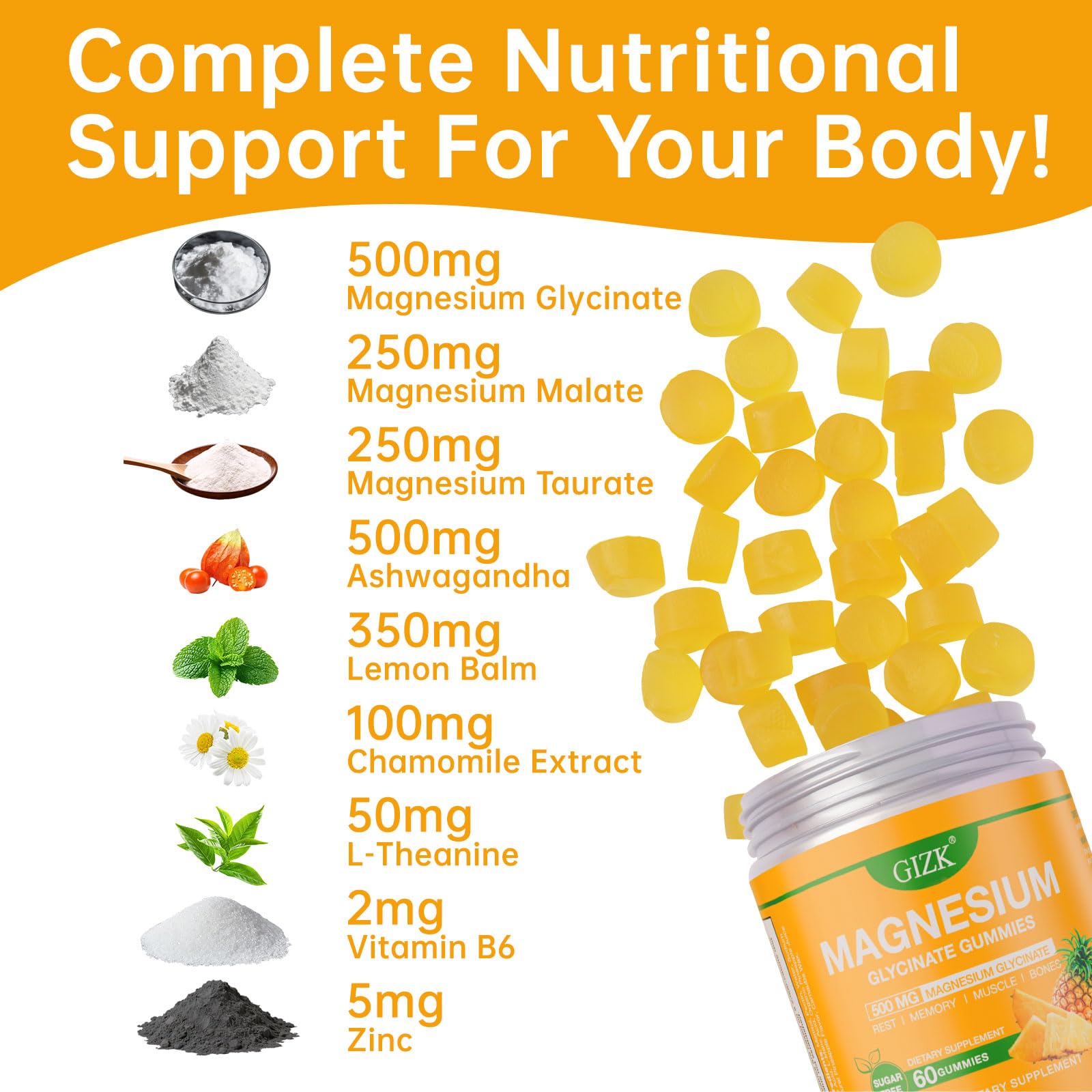 Magnesium Glycinate Gummies 500mg – Sugar Free Magnesium Gummies for Sleep, Stress, Muscle & Nerve Support – for Adults & Kids 4+, Vegan,