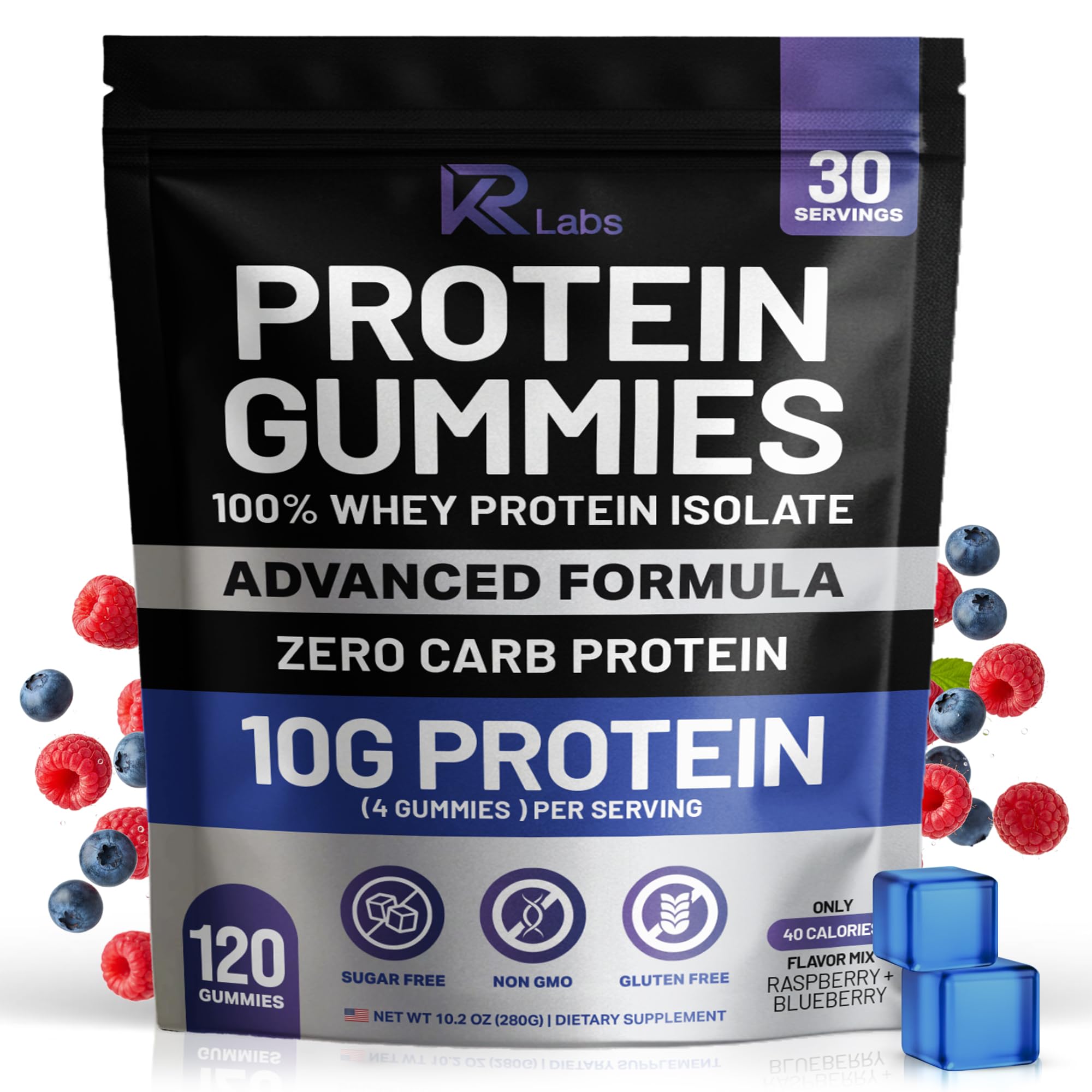 KR Labs Zero Carb 100% Pure Whey Isolate Protein Gummies | 300g Total Protein per Bag | 10g per Serving Plant Based with Vitamins for Men & Women