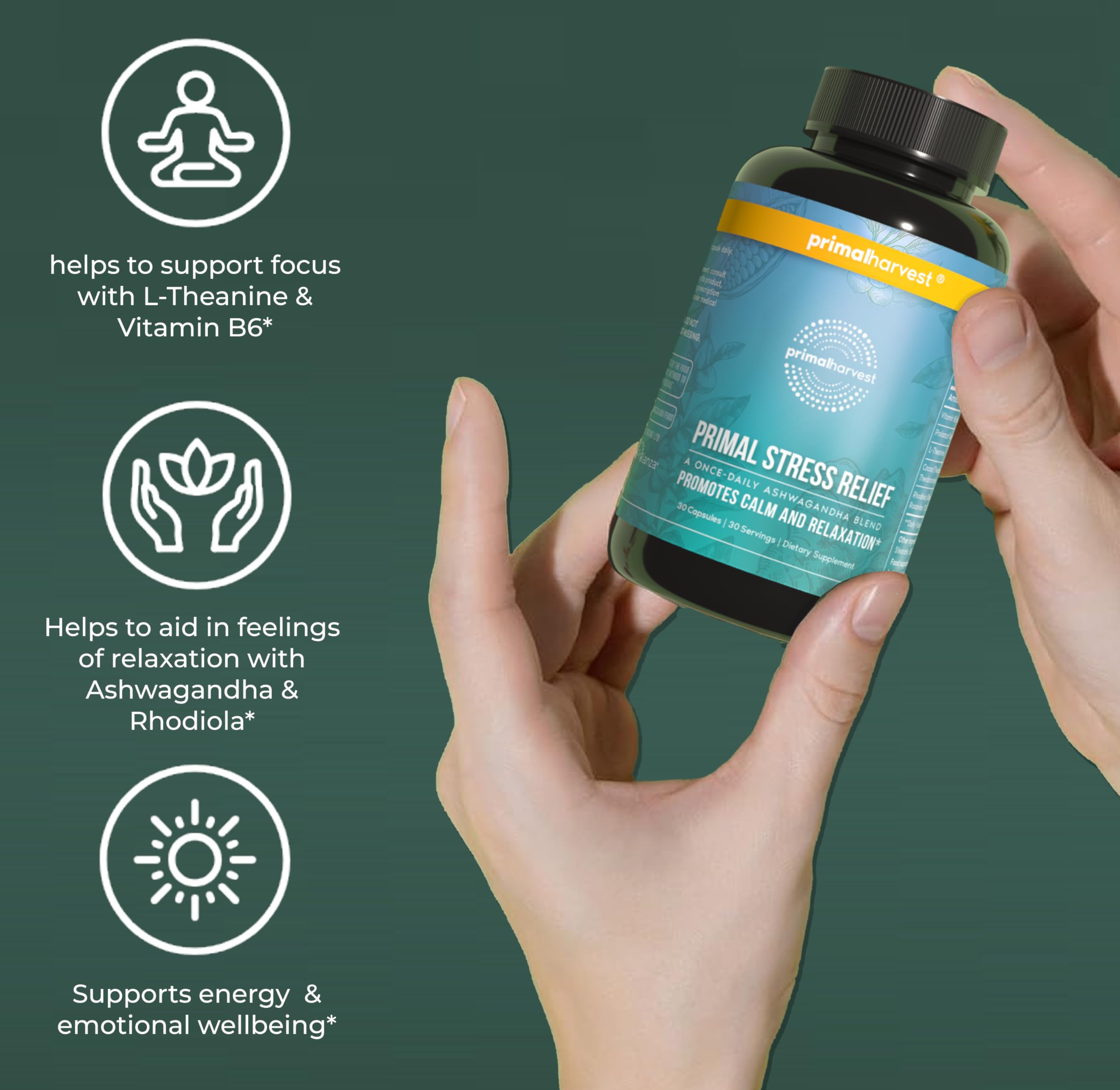 Primal Harvest Stress Relief Supplement for Women and Men Pure Ashwagandha Root Extract, L-Theanine Supplements, 30 Capsules Primal Harvest Au supplements
