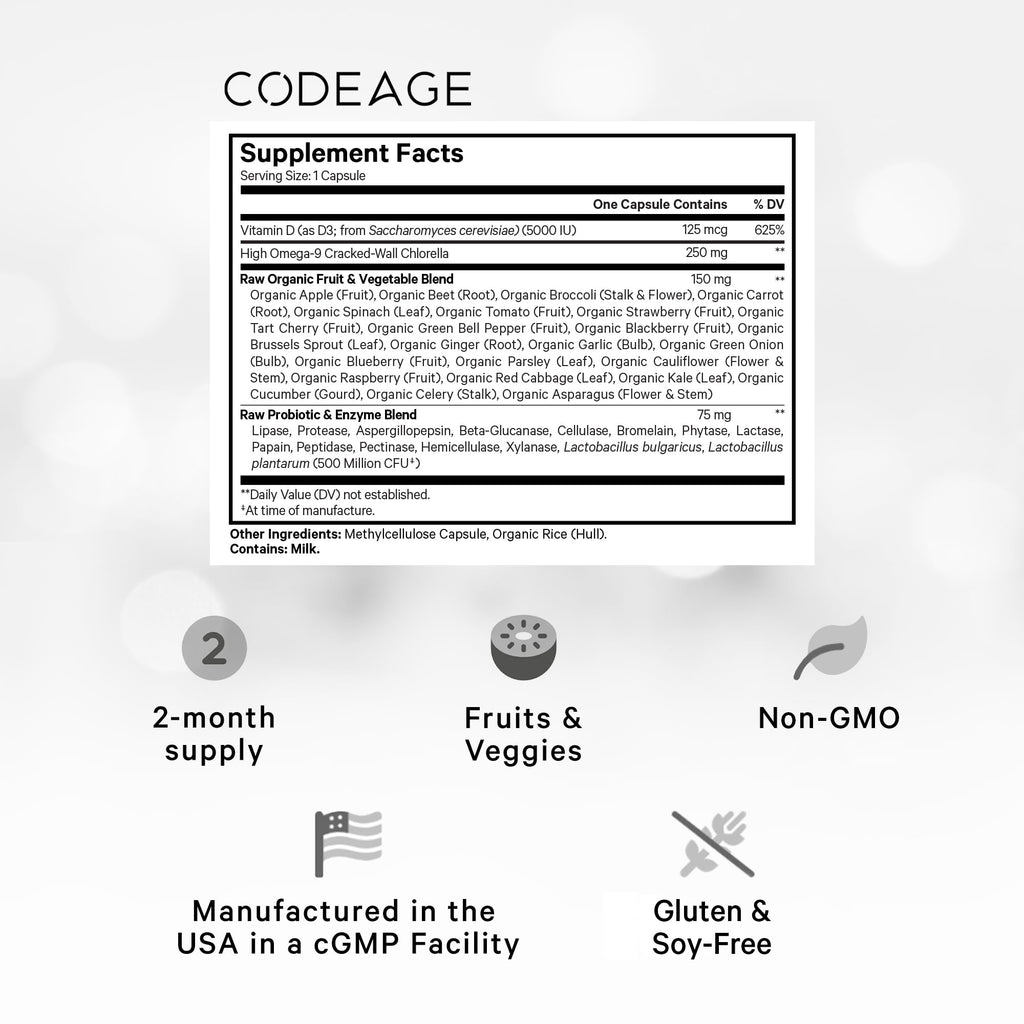 Codeage Raw Vitamin D3+ High Potency 5000 IU Supplement from Saccharomyces Cerevisiae - Raw Vitamin, Probiotics, Digestive Enzymes, Fruits & Greens - 2-Month Supply - 60 Capsules Codeage Au supplements