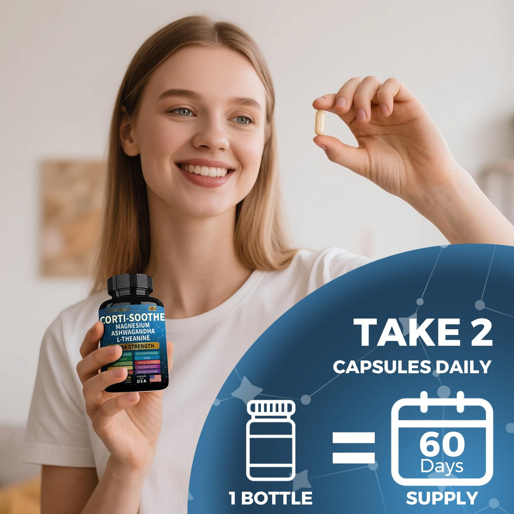 Corti-Soothe Cortisol Supplement for Women and Men with Magnesium Glycinate 200mg, L-Theanine 150mg, Phosphatidylserine 50mg & Manager Holy Basil Ginkgo Biloba Bacopa Monnieri Valerian 60 Capsules JTEVEweu Au supplements