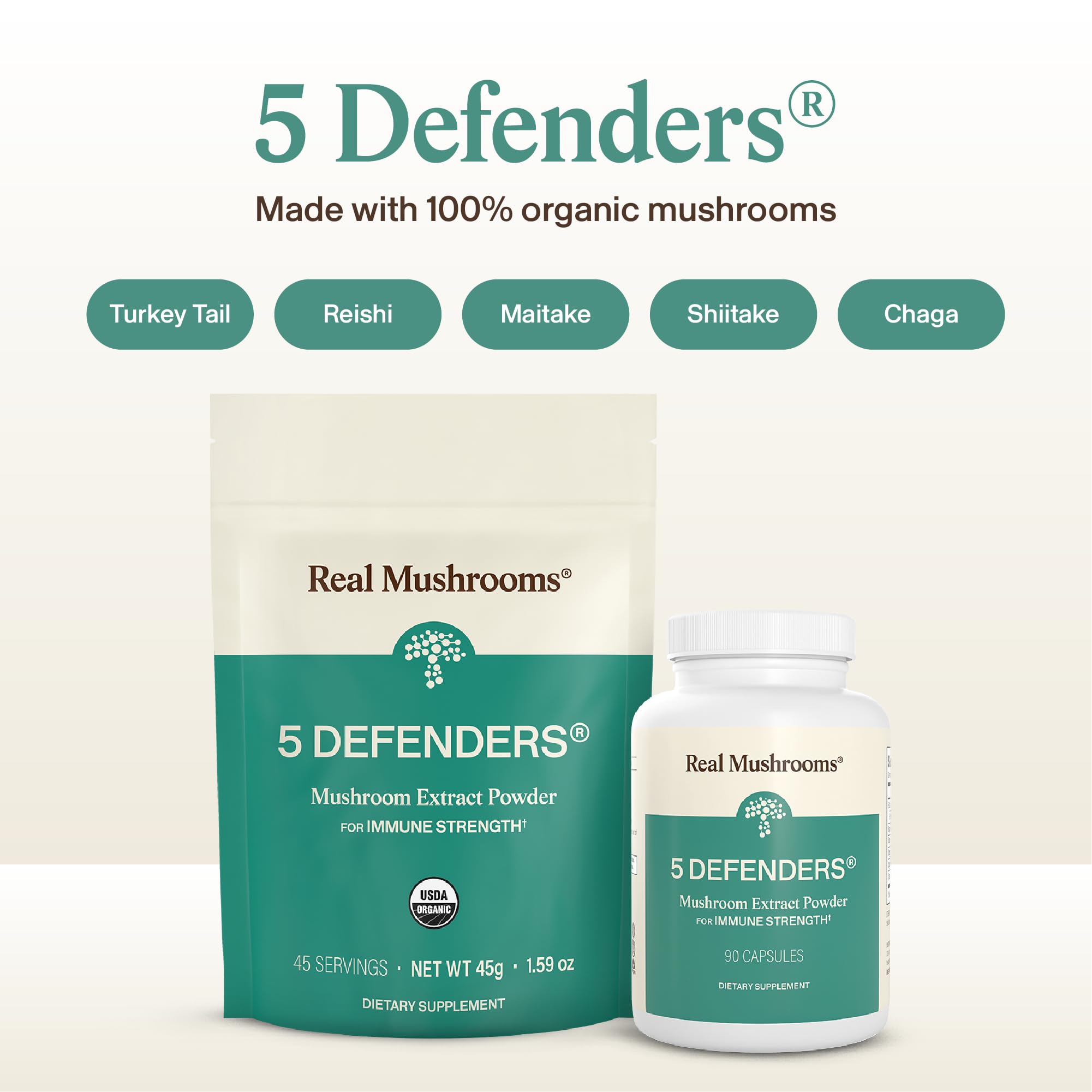 Real Mushrooms 5 Defenders - Adaptogenic Mushrooms Complex with Chaga, Reishi, Turkey Tail, Maitake & Shiitake for Wellness Support