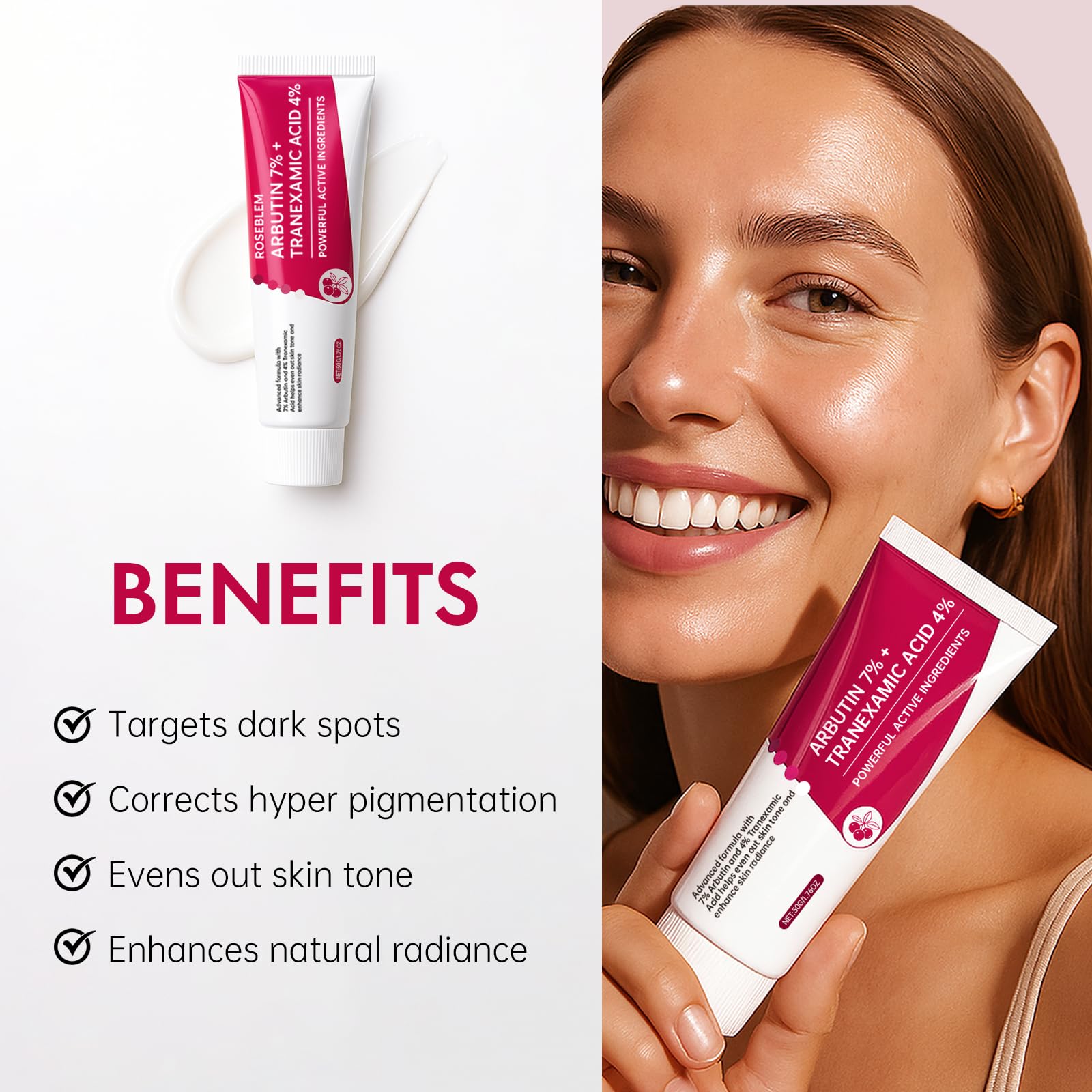 Roseblem Arbutin 7% + Tranexamic Acid 4% Face Cream for Dark Spots & Uneven Skin Tone