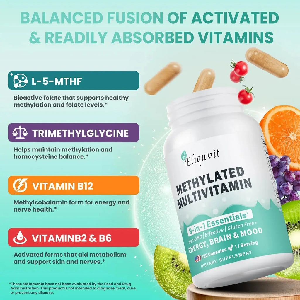 Eliquvit Methylated Multivitamin for Men & Women - Methylated B Complex with Methylfolate & B12-9-in-1 MTHFR Support + TMG - Vegan Multivitamin Eliquvit Au supplements