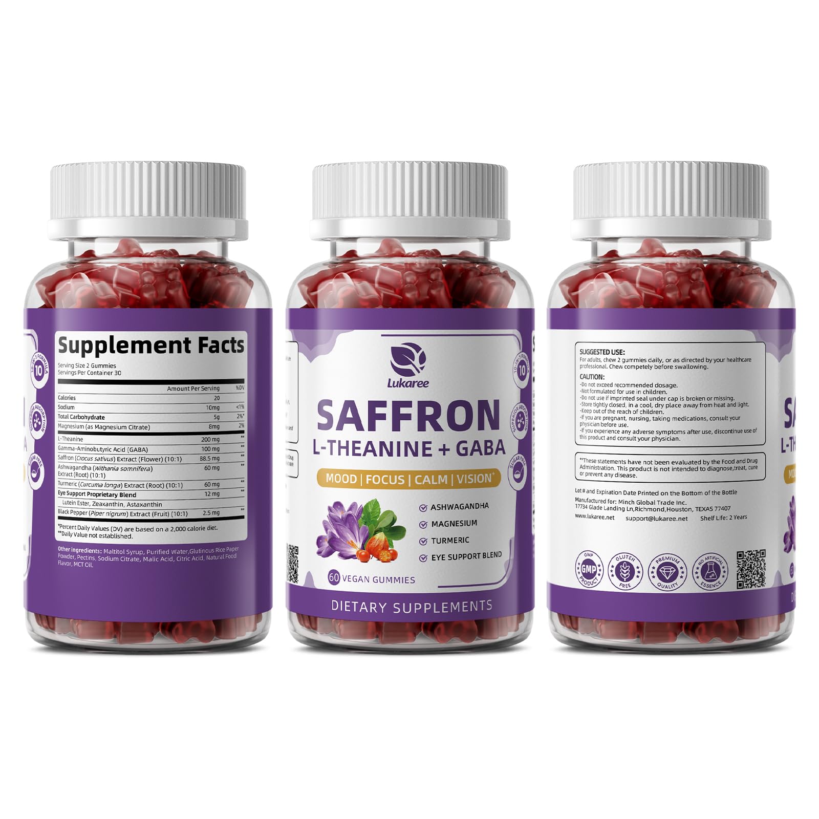 10-in-1 Saffron Supplements Gummies - Saffron Extract 88.5 mg with L-Theanine, GABA, Ashwagandha, Turmeric,Magnesium – Mood, Focus, Vision Support & Cortisol Balance, Sugar Free, Vegan, 60 Counts Lukaree Au supplements
