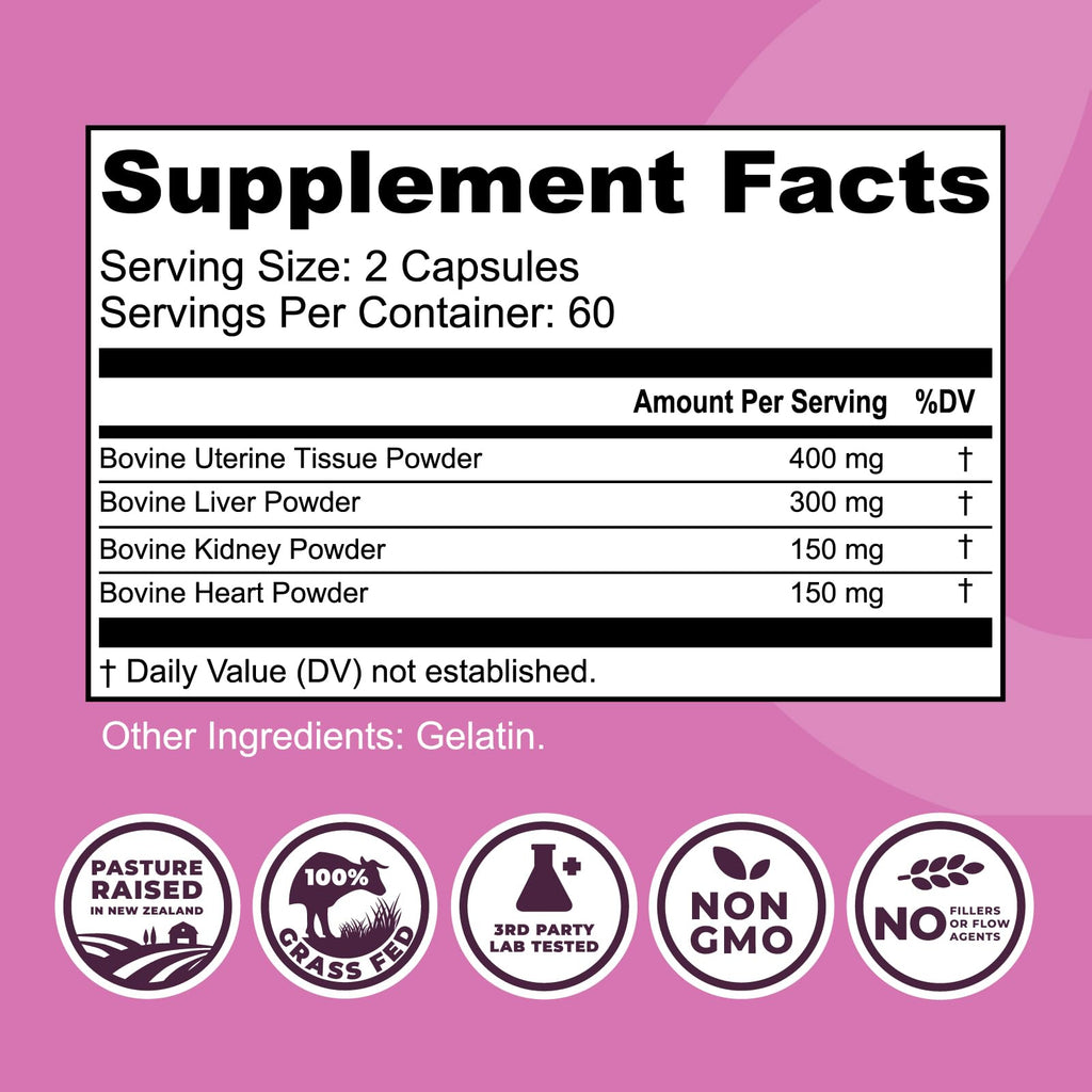 Beef Organ Supplement for Women - Beef Liver, Kidney, Heart and Uterus Tissue, Supports Women's Overall Energy and Health - Pasture Raised in New Zealand