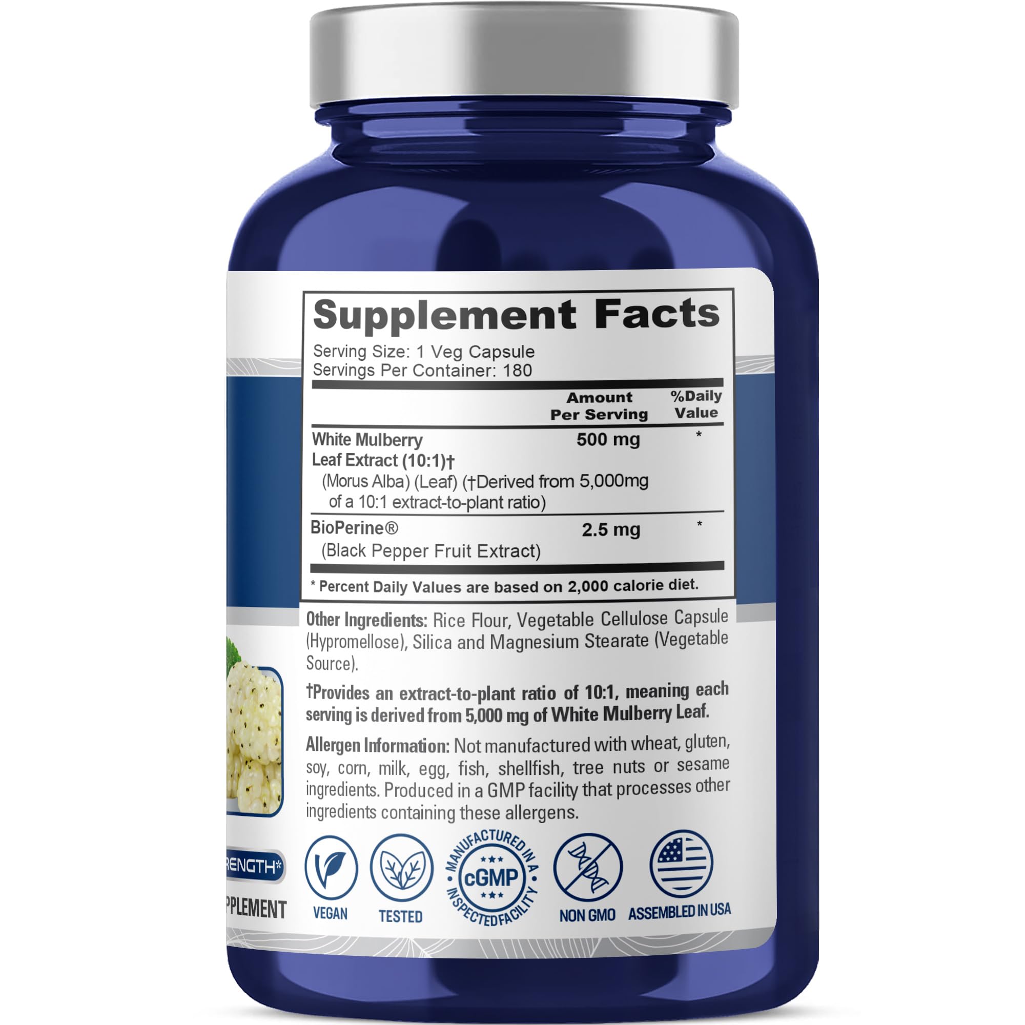 NusaPure White Mulberry Leaf Extract 10:1 Extract, 500 mg Equivalent to 5000mg 180 Veg Caps (Vegan, Non GMO Bioperine) NusaPure Au supplements