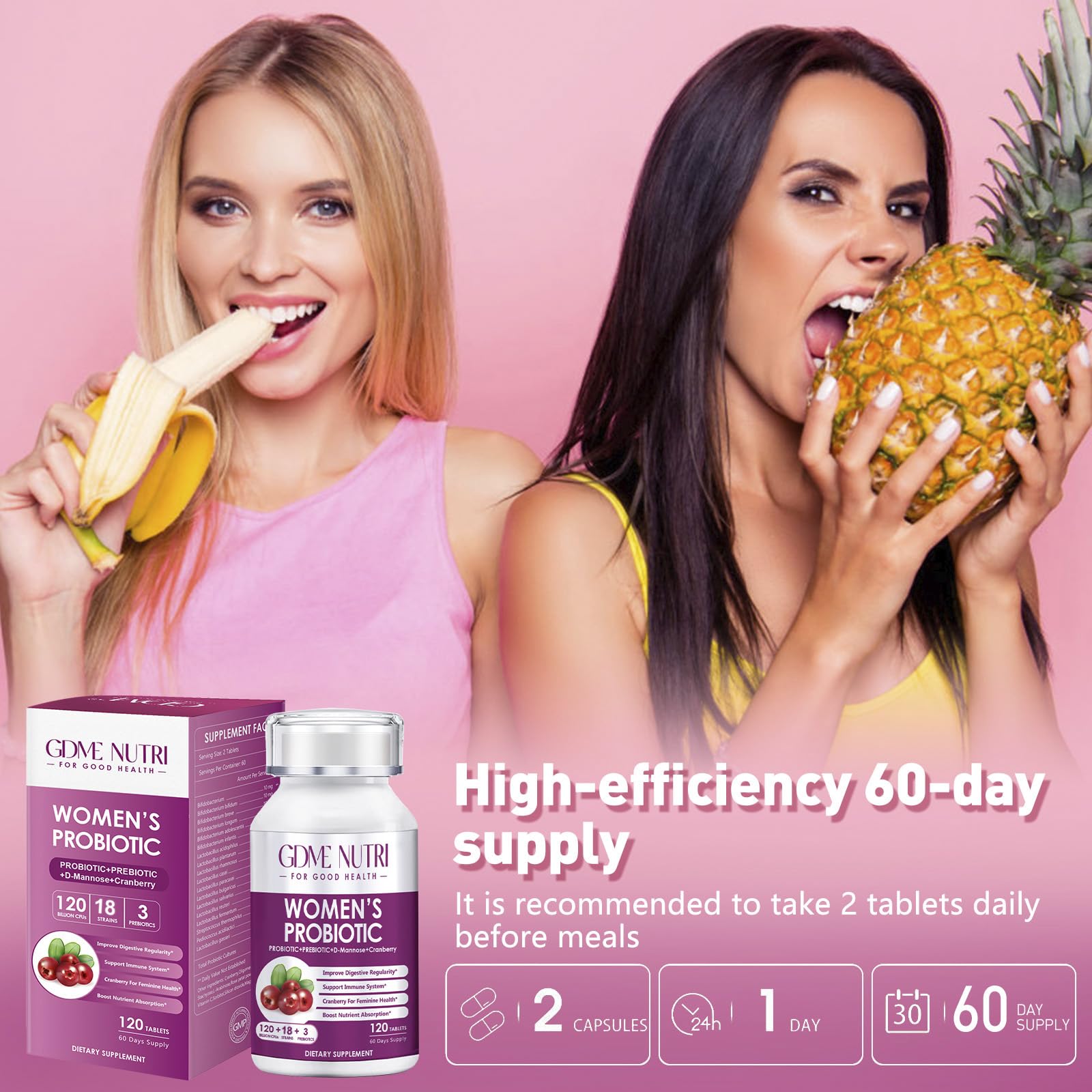 GDMENUTRI Women's Probiotics, 120 Tablets 120 Billion CFU 18 Strains, Contains Organic Prebiotic Cranberry, Probiotic Supplement for Digestion,