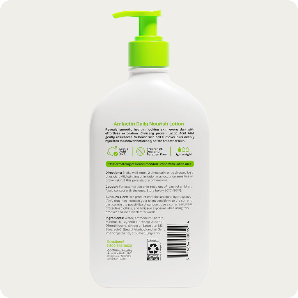 AmLactin Daily Nourish Therapeutic Body Lotion for Dry Skin - No-Scrub Exfoliator and Moisturizer 12% Lactic Acid Lotion