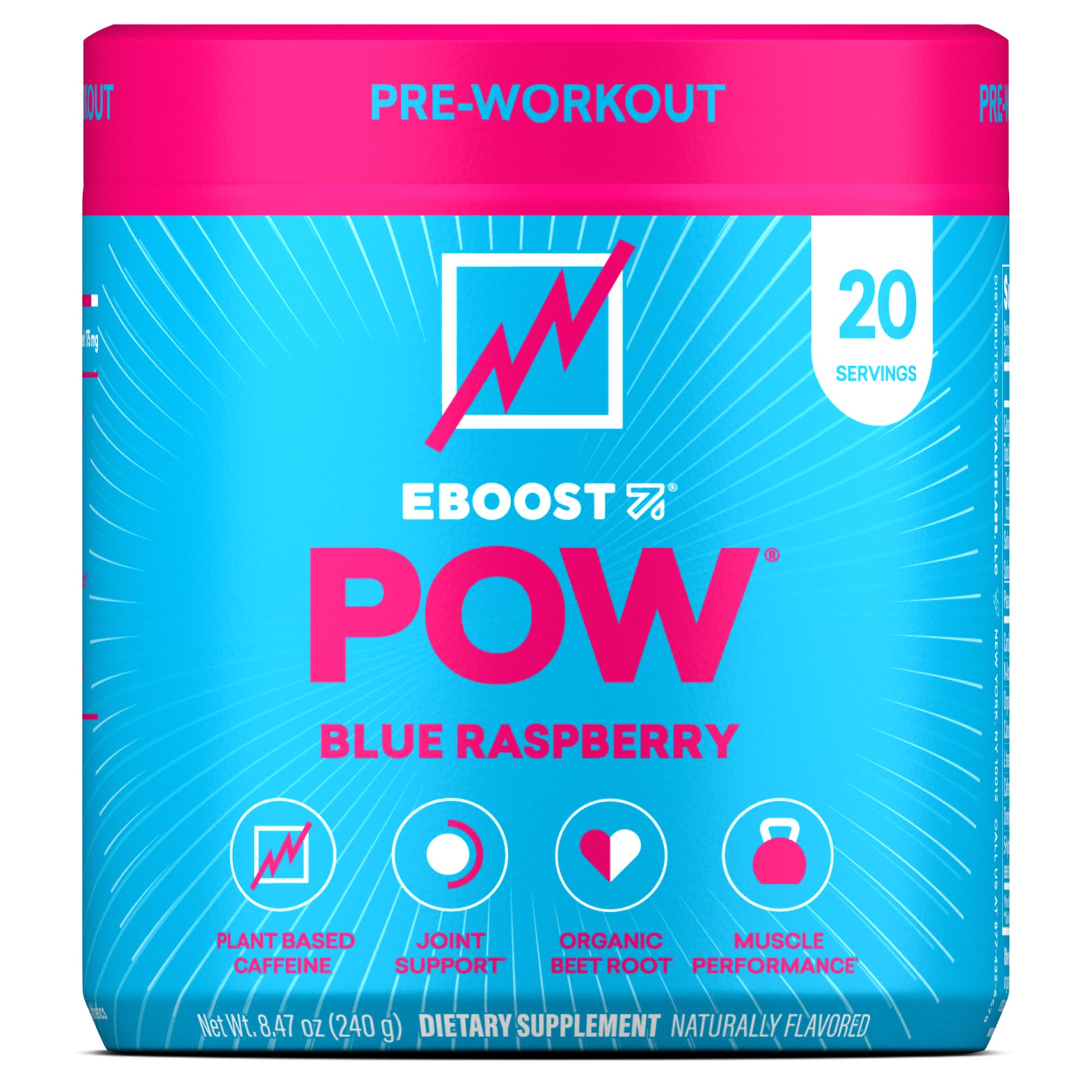 EBOOST POW Natural Pre Workout Powder – 20 Servings - Blue Raspberry - A PreWorkout Supplement for Performance, Joint Mobility Support, Energy - Men and Women