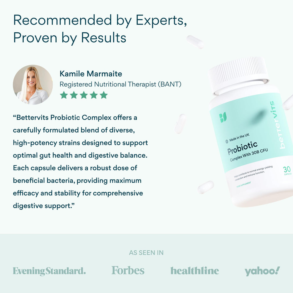 Bettervits Probiotics for Women & Men – 75 Billion CFU | Digestive Health and Gut Support Prebiotic | 14 Clinically Studied Strains with Vitamin B12,
