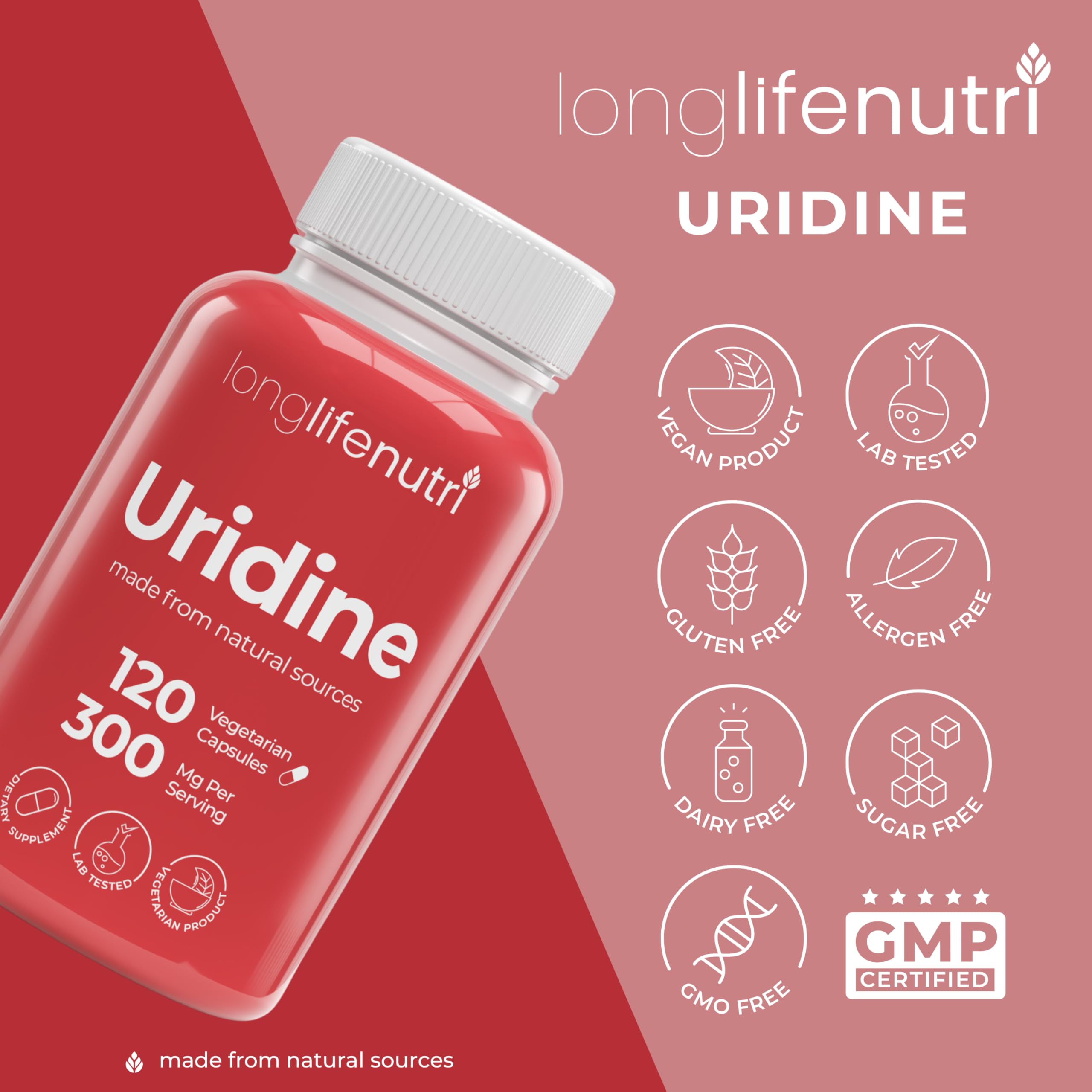 LongLifeNutri Uridine Monophosphate 300mg – Choline Precursor & Synaptic Function, Nootropic for Focus & Mental Performance, 120 Vegetarian Capsules, 4-Month Supply, GMP Certified, Made in USA LongLifeNutri Au supplements