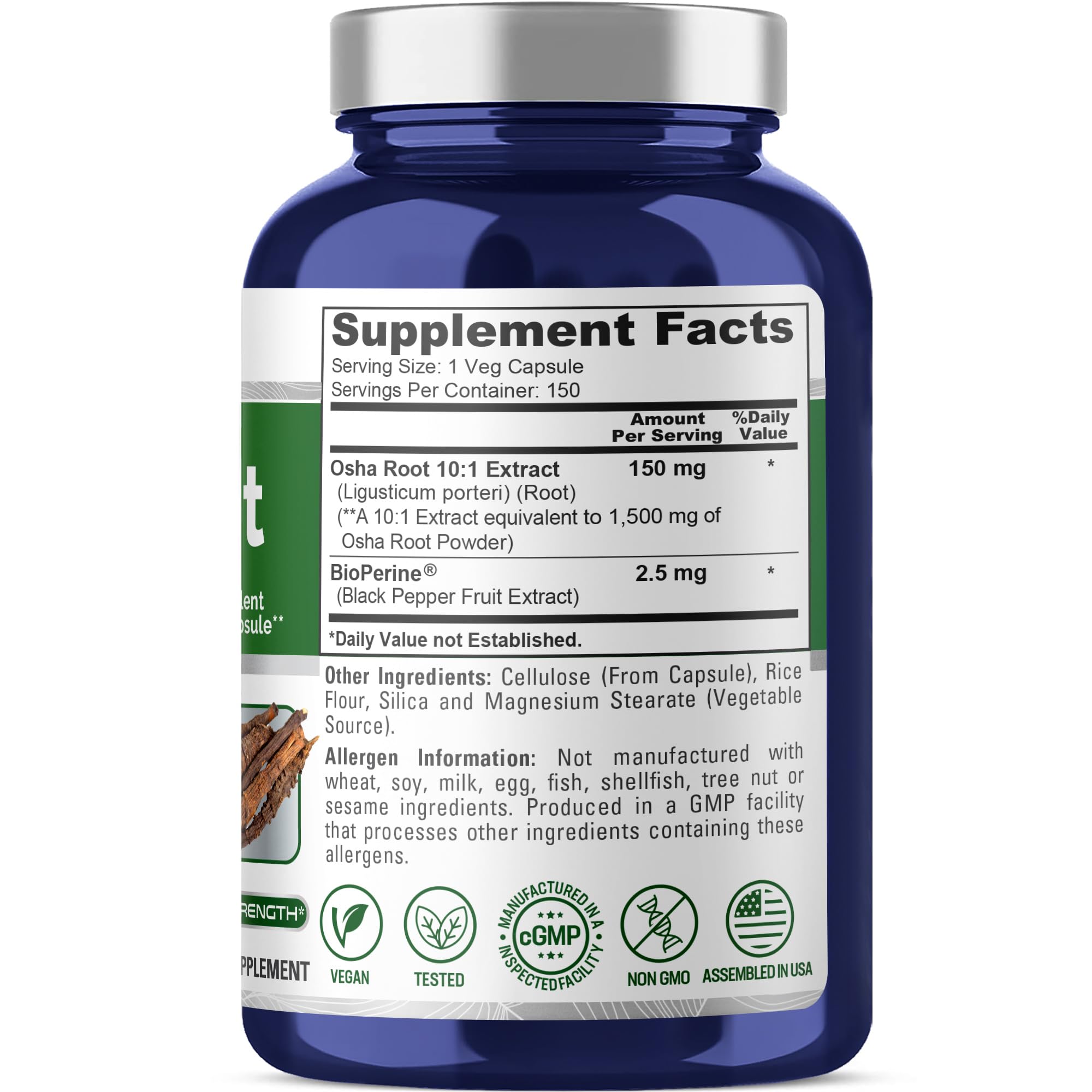 NusaPure OSHA Root Extract 1500 mg per Vegan Caps - 150 Count (10:1 Extract, Non-GMO, Vegan, Bioperine) Ligusticum Porteri NusaPure Au supplements