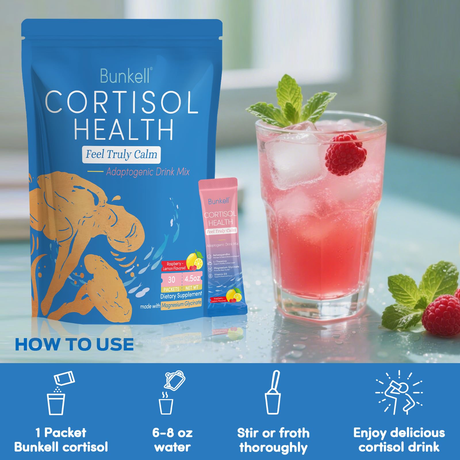 Bunkell Cortisol Powdered Drink Mix, Made with Magnesium Glycinate, L-Theanine, Ashwagandha & Vitamin D3, Cortisol Supplements for Relaxation, Focus & Calm Support, Raspberry Lemonade Flavor, 30 Ct Bunkell Au supplements