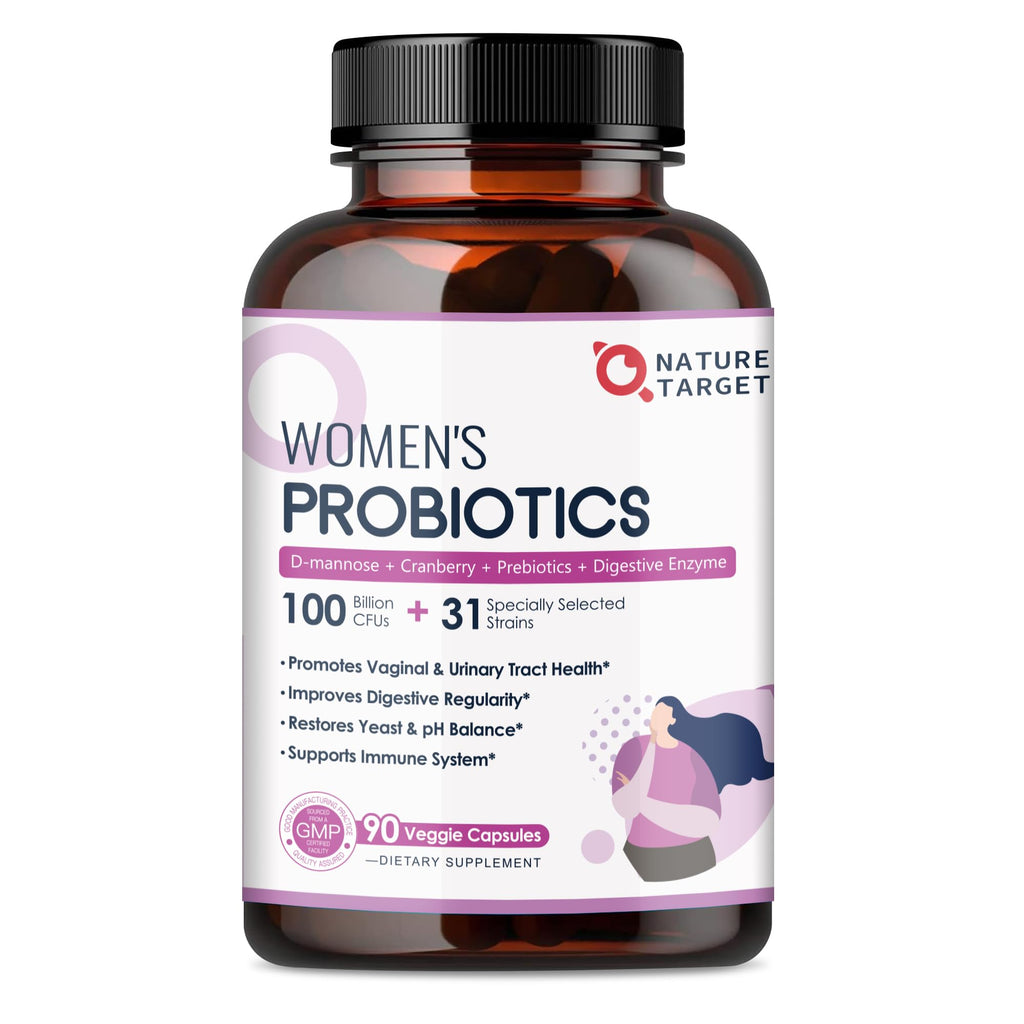 NATURE TARGET Probiotics for Women, 100 Billion CFUs Probiotic with Digestive Enzymes & Prebiotics, Vaginal Probiotics with Cranberry for Urinary Tract Health