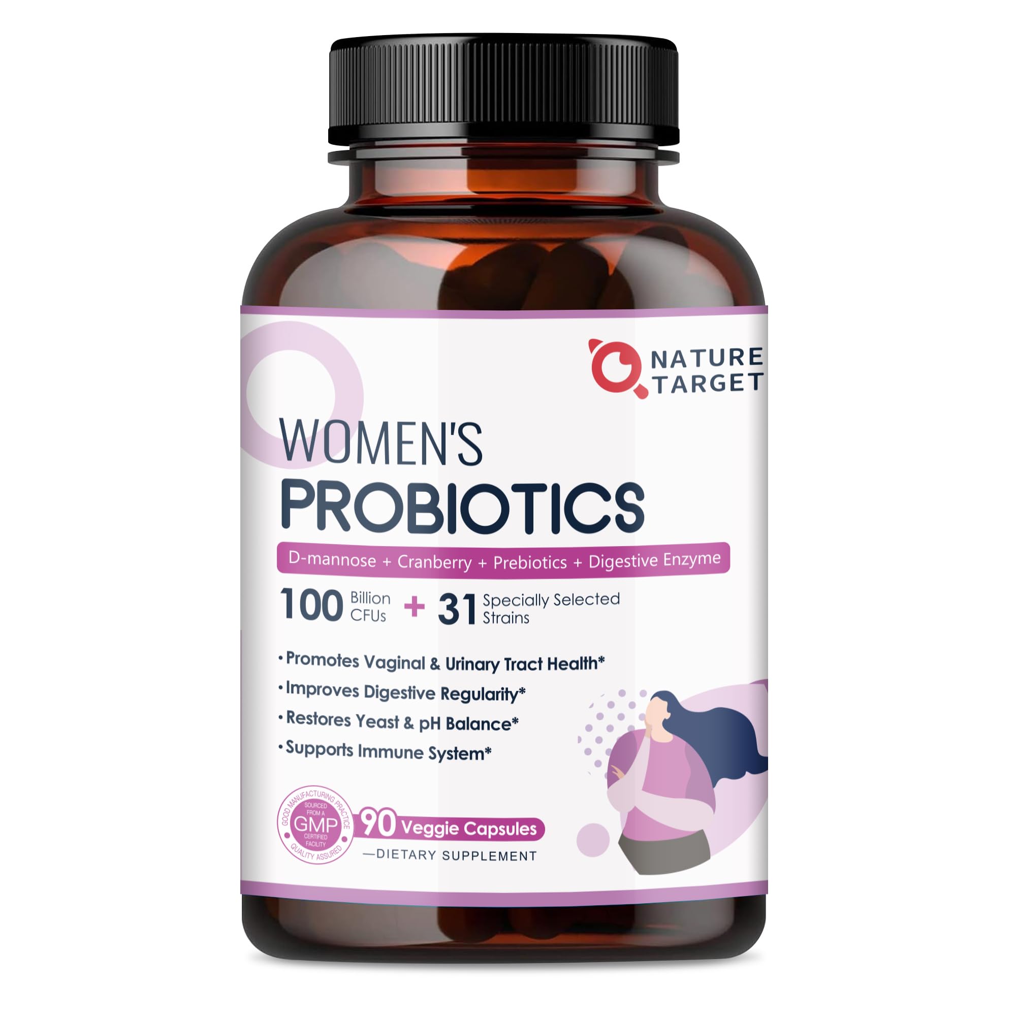 NATURE TARGET Probiotics for Women, 100 Billion CFUs Probiotic with Digestive Enzymes & Prebiotics, Vaginal Probiotics with Cranberry for Urinary Tract Health