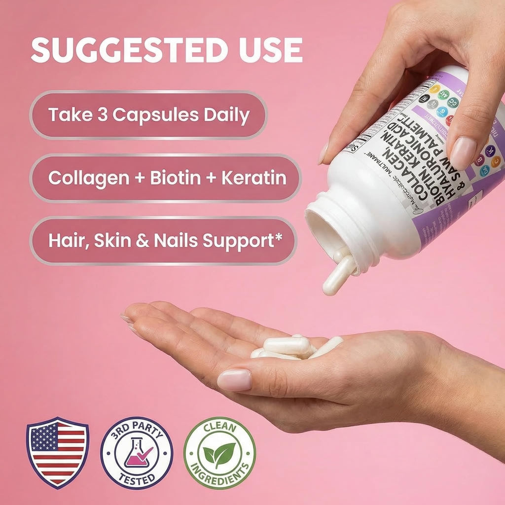 Clean Nutraceuticals Collagen Pills 1000mg Biotin 10000mcg Keratin Saw Palmetto Hyaluronic Acid - Hair Skin & Nails Vitamins & DHT Blocker with Vitamin E Folic Acid