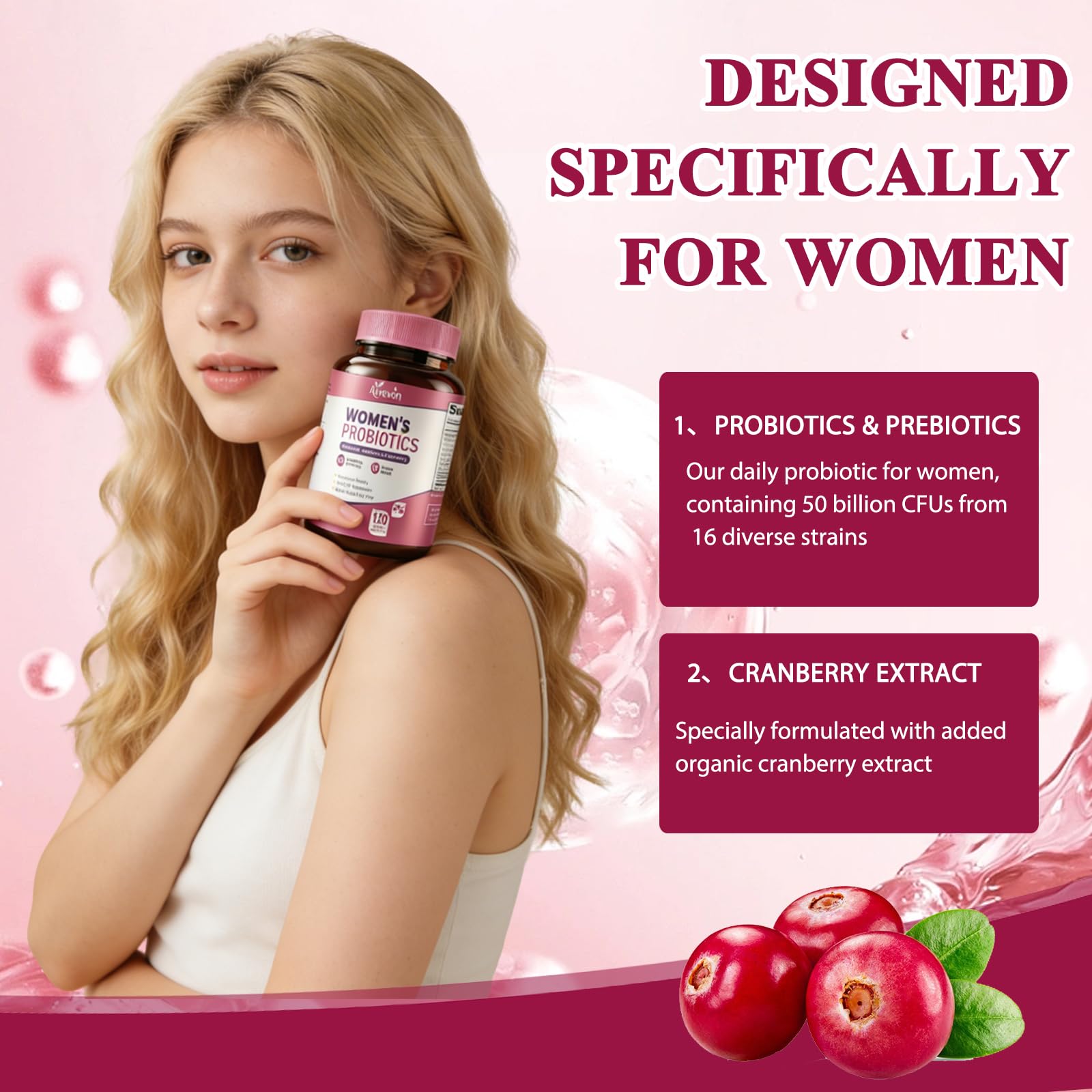 Women Probiotics 50 Billion CFU: Probiotics for Women with Prebiotics & Cranberry, 16 Strain Probiotic Supplement for Digestive Gut Health, Vaginal & Urinary Tract Support