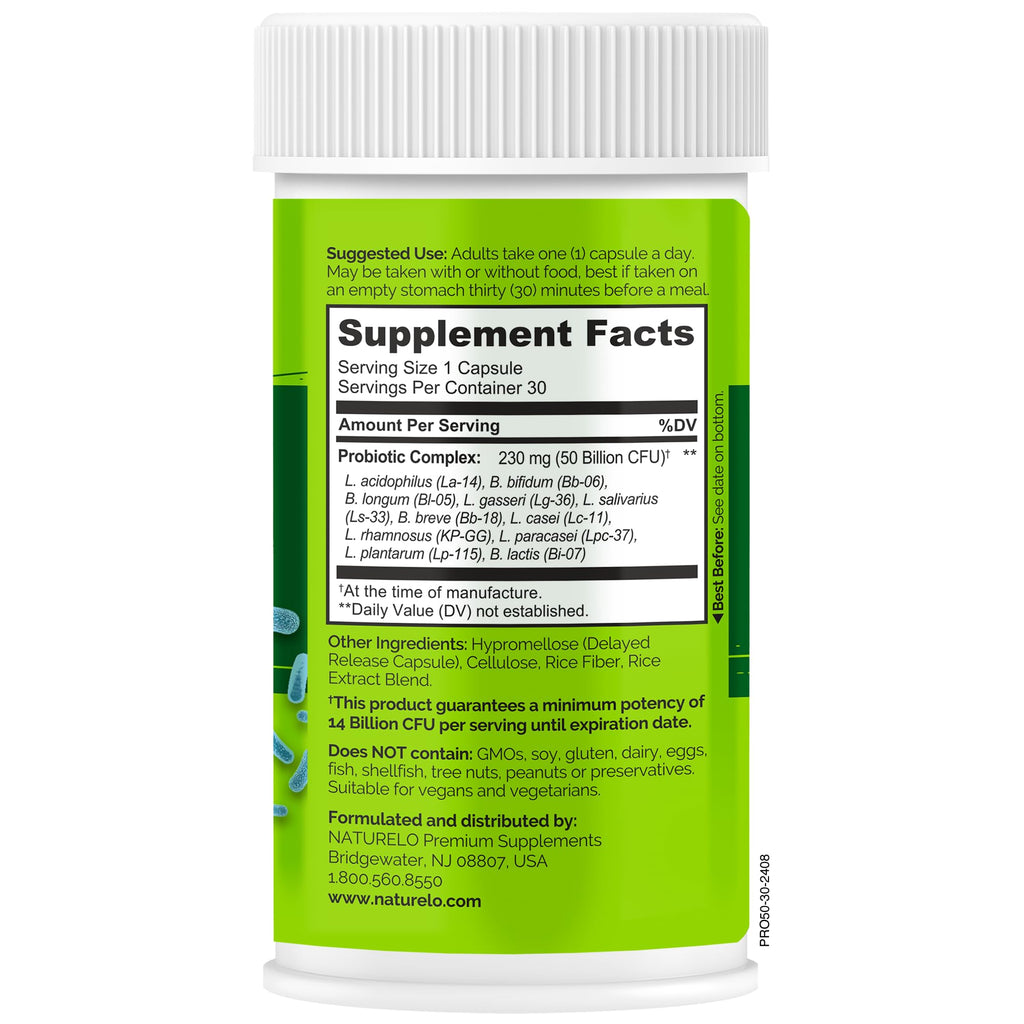 NATURELO Probiotics for Digestive Health, 50 Billion CFU, 30 Vegetarian Capsules, 11 Strains, Daily Use Supplement, Delayed Release, No-Fridge, Helps Boost Immune System,