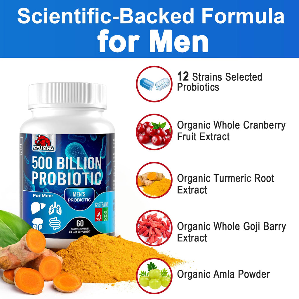 Probiotics for Men, 500 Billion CFU & 12 Mens Probiotic for Digestive Health + 4 Organic Prebiotic Fiber, for Digestive, Gut, Immune Health, Bloating, Gas, Energy Support, Shelf Stable - 120 Capsules CFUKING Au supplements
