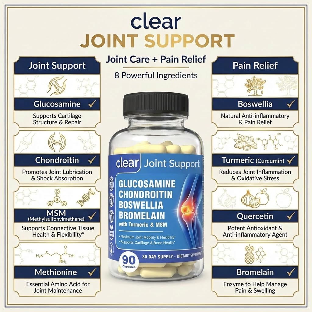 Clear Joint Support - 1500mg Glucosamine Chondroitin MSM - 8 in 1 Joint Health Supplement with Turmeric and Boswellia for Men & Women, Knee, Hip & Back Support, Made in USA, 90 Capsules Clear Probiotics Au supplements