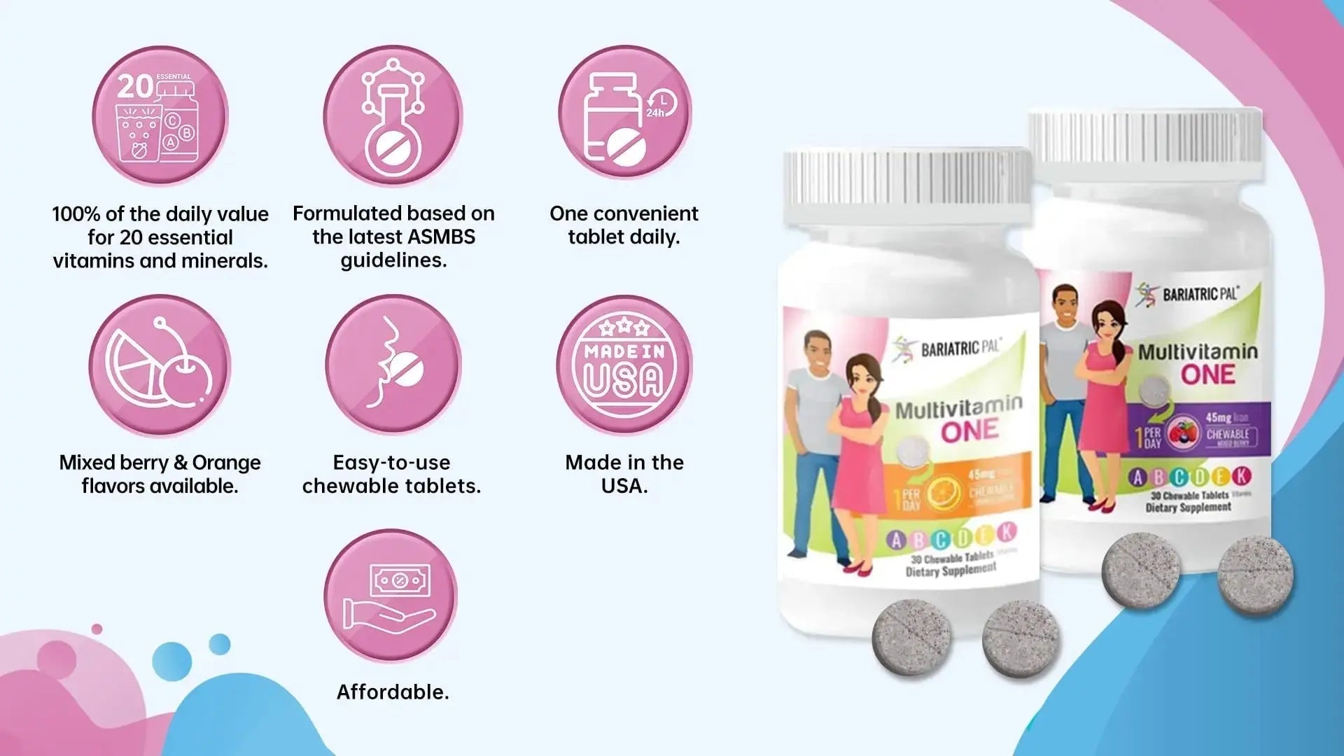 BariatricPal Multivitamin ONE 1 per Day! Bariatric Multivitamin Chewable with 45mg Iron - Mixed Berry (30 Count) BariatricPal Au supplements