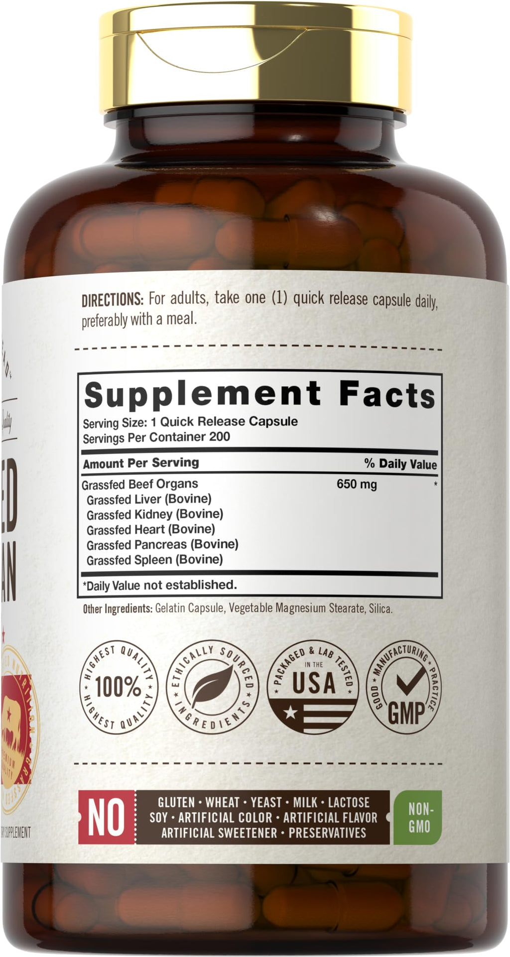 Carlyle Grass Fed Beef Organ Complex | 200 Capsules | Pasture Raised, Grain Free Supplement | with Desiccated Liver, Kidney, Pancreas, Heart, Spleen