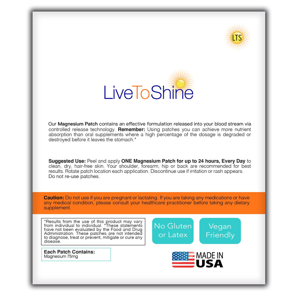 Magnesium Patches for Men and Women - Sleep Support & Relaxation, Muscle Recovery, Nerve Function - USA Made - 30 Premium Fast-Acting, Slow-Release Patches - Live To Shine Live To Shine Au supplements