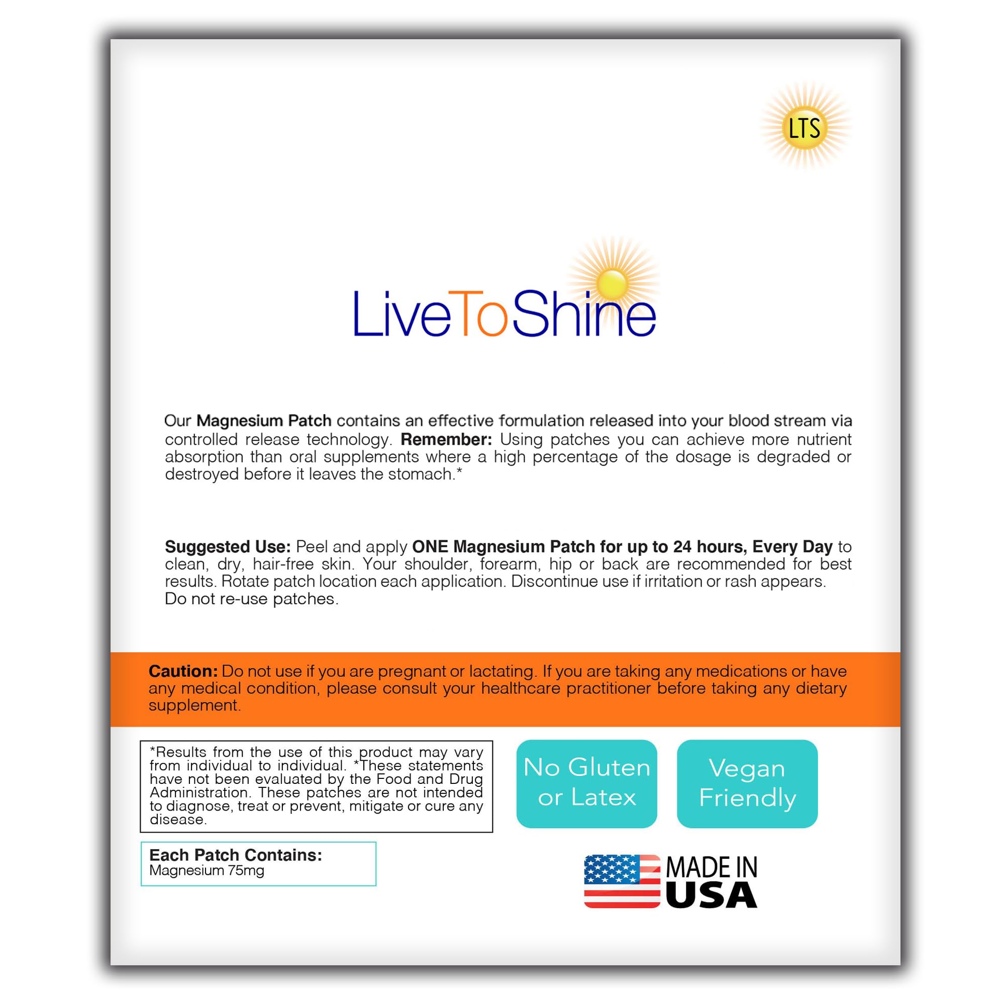 Magnesium Patches for Men and Women - Sleep Support & Relaxation, Muscle Recovery, Nerve Function - USA Made - 30 Premium Fast-Acting, Slow-Release Patches - Live To Shine Live To Shine Au supplements