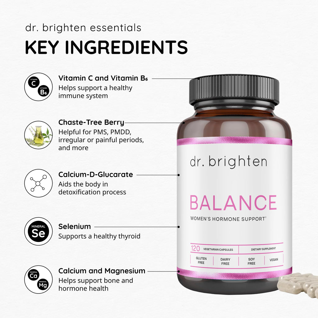 Dr. Brighten Balance - Hormone Balance for Women with Chasteberry and DIM - Targets Hormonal Acne, Period Issues, & PMS - Vegan, Non-GMO Dr. Brighten Au supplements
