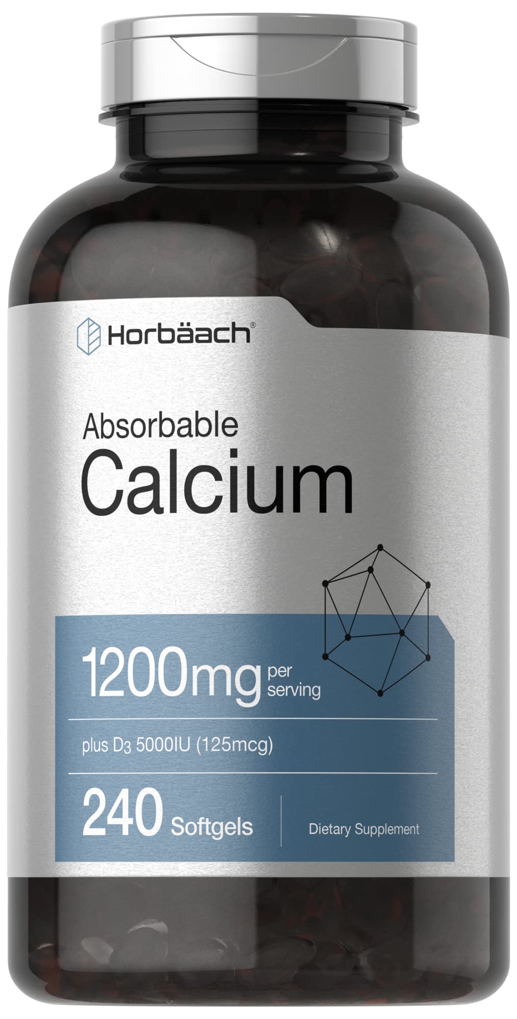 Horbäach Calcium 1200 mg with Vitamin D3 | 240 Softgels | 5000 IU Vitamin D3 | Absorbable Calcium Supplement for Women and Men