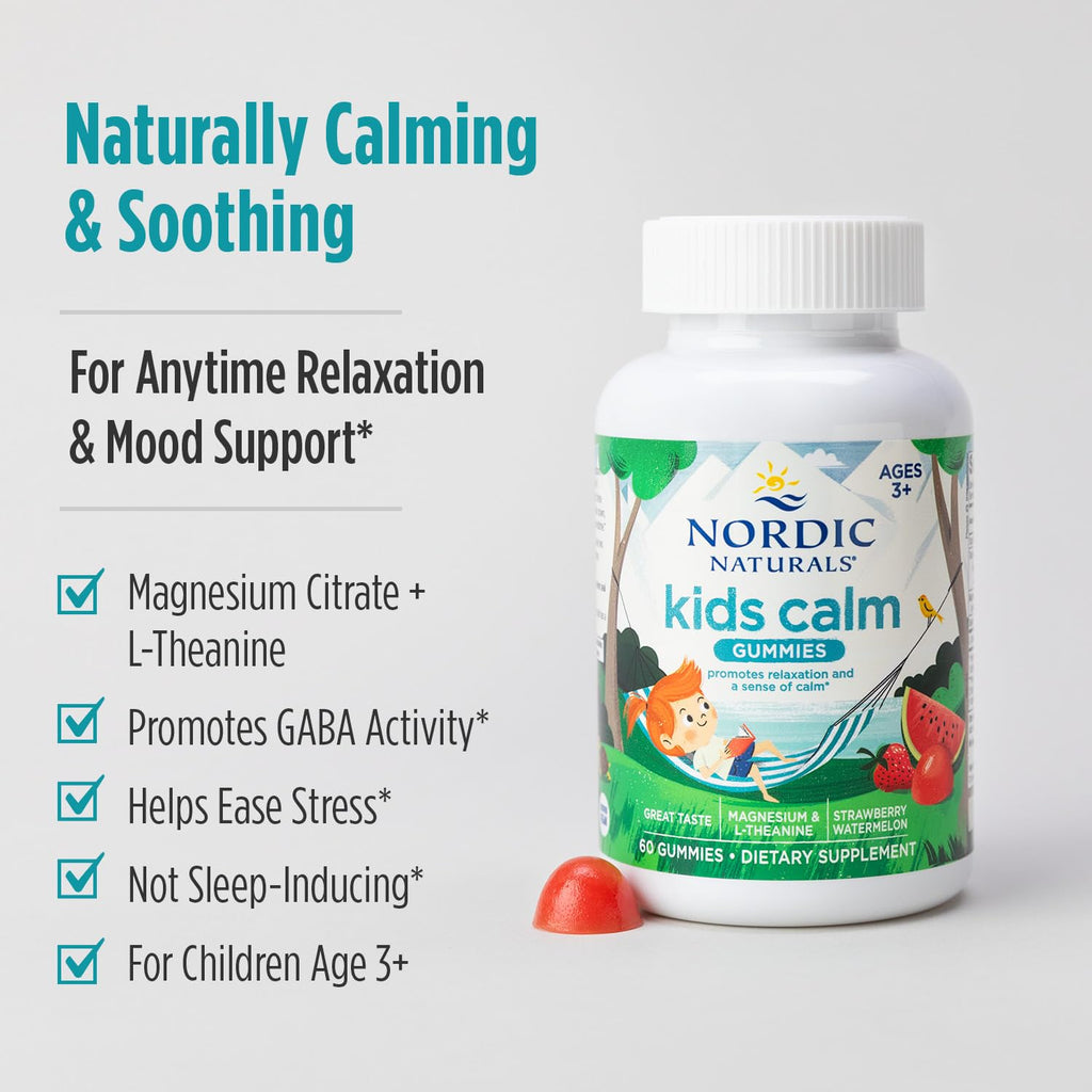 Nordic Naturals Kids Calm Gummies - Strawberry Watermelon - 60 Gummies - Magnesium L-Theanine Supplement - Calming for Kids