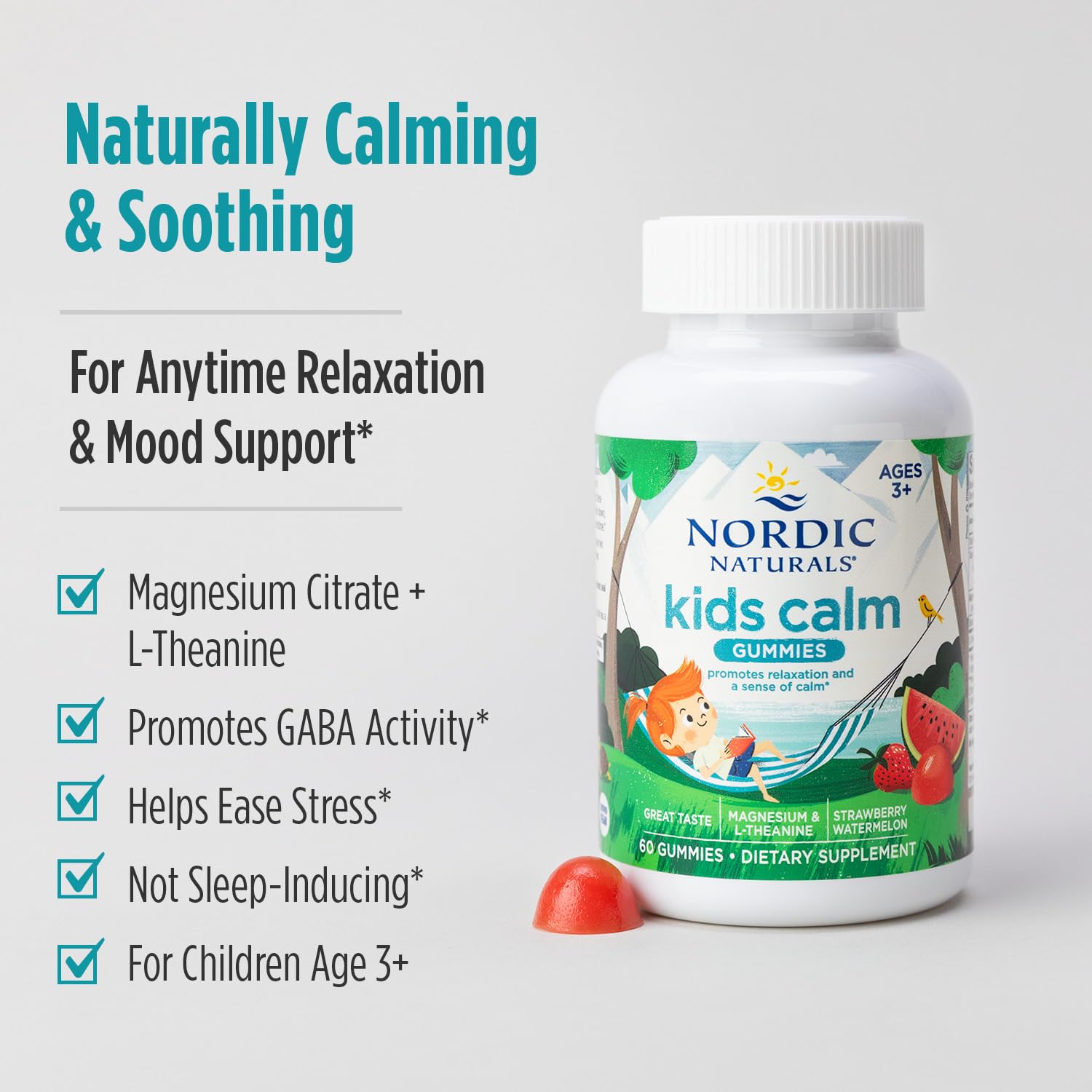 Nordic Naturals Kids Calm Gummies - Strawberry Watermelon - 60 Gummies - Magnesium L-Theanine Supplement - Calming for Kids