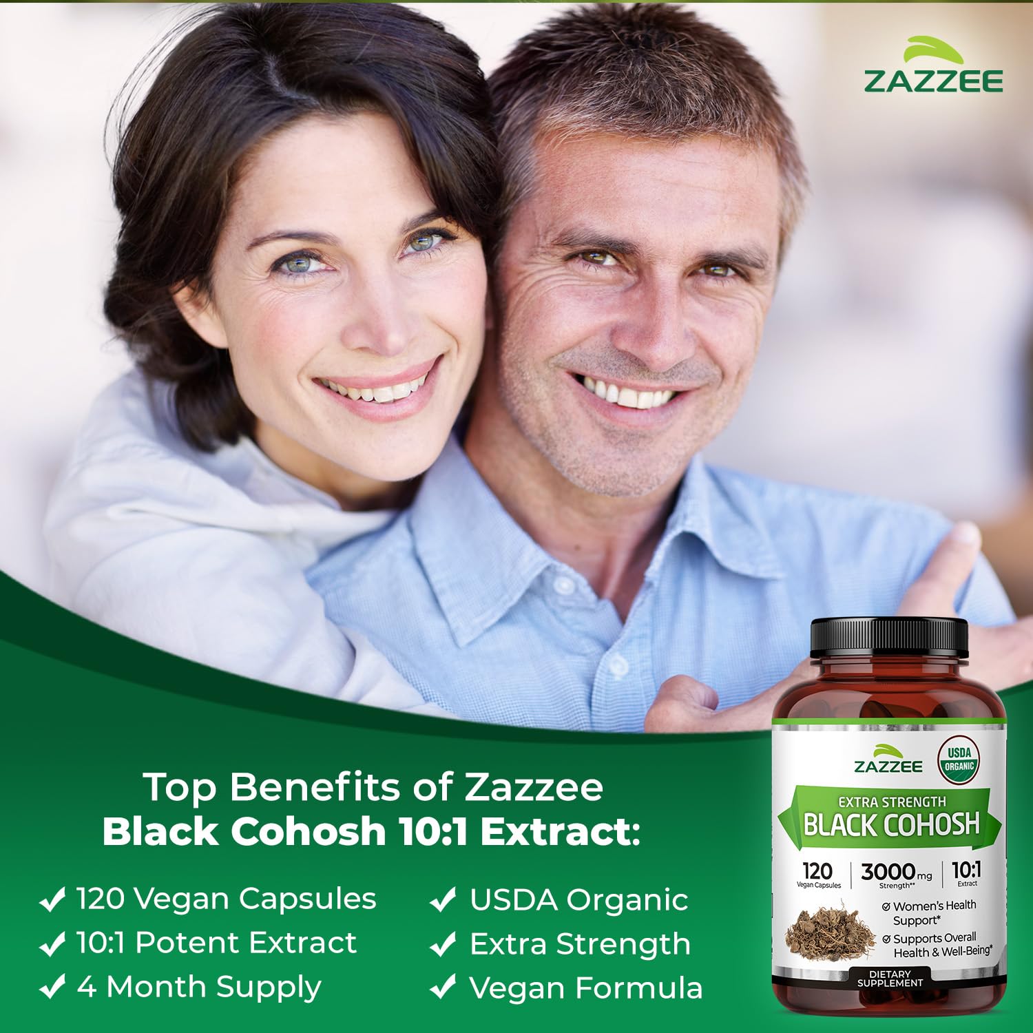 Zazzee USDA Organic Black Cohosh 10:1 Extract, 120 Vegan Capsules, 4 Month Supply, Actaea Racemosa, Women’s Health & Hormonal Balance Support,