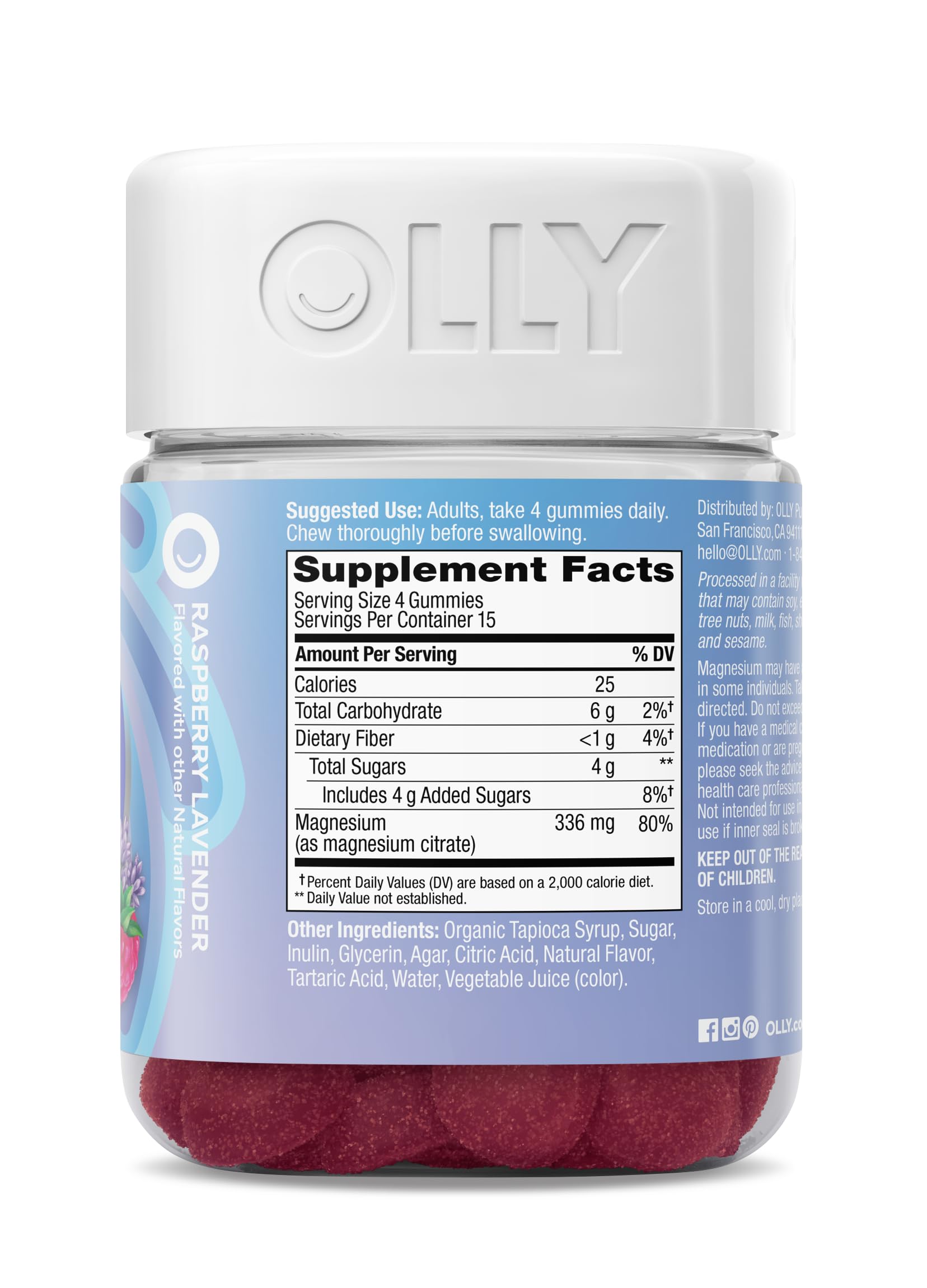OLLY Relaxing Magnesium Gummies, Supports Muscle Relaxation*, Magnesium Citrate, Raspberry Lavender Flavor, 15 Day Supply - 60 Count