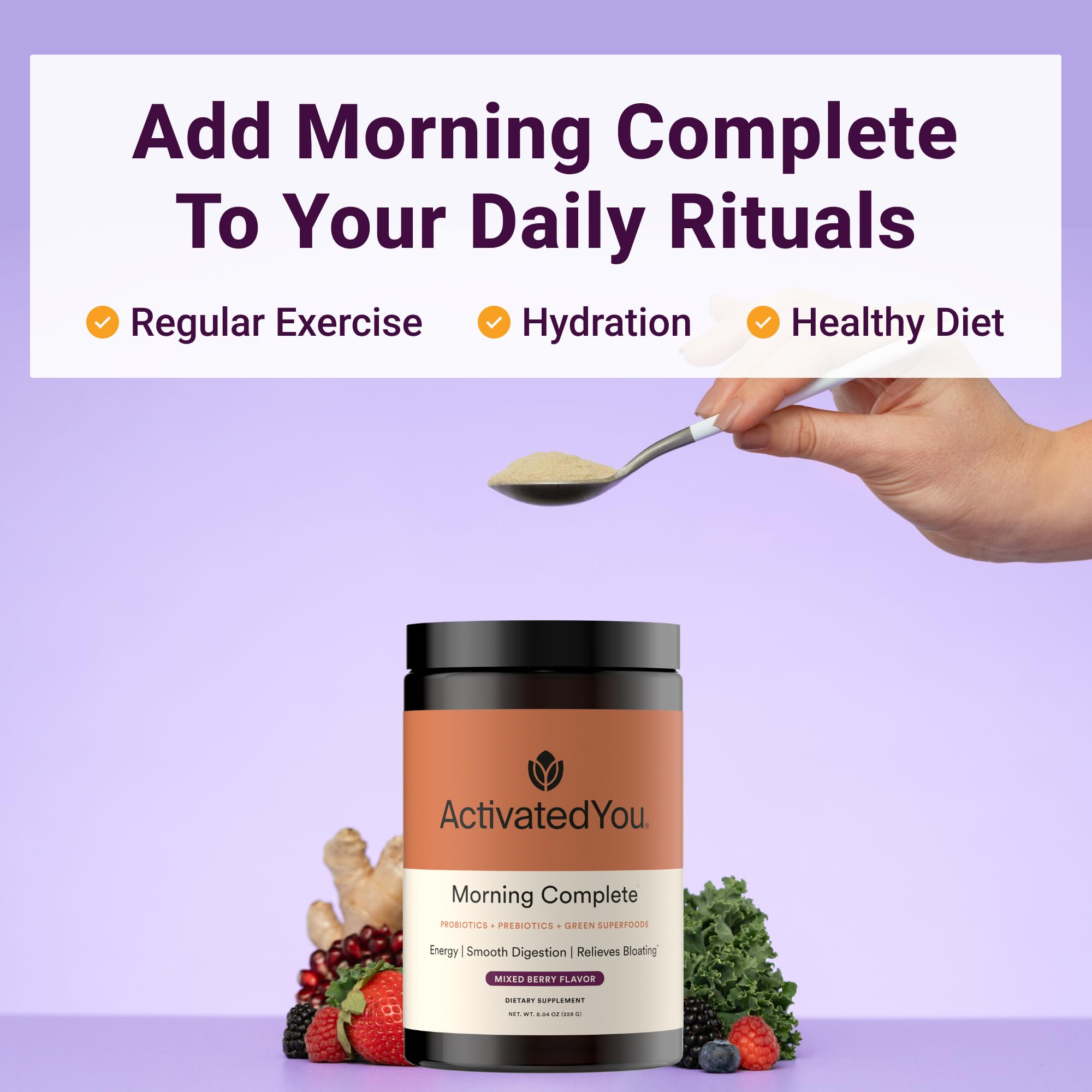 ActivatedYou Morning Complete Super Greens Powder Drink Mix - Gut Health Boost with Prebiotics, Probiotics, & Antioxidants - 10 Billion CFUs, Mixed Berry Flavor
