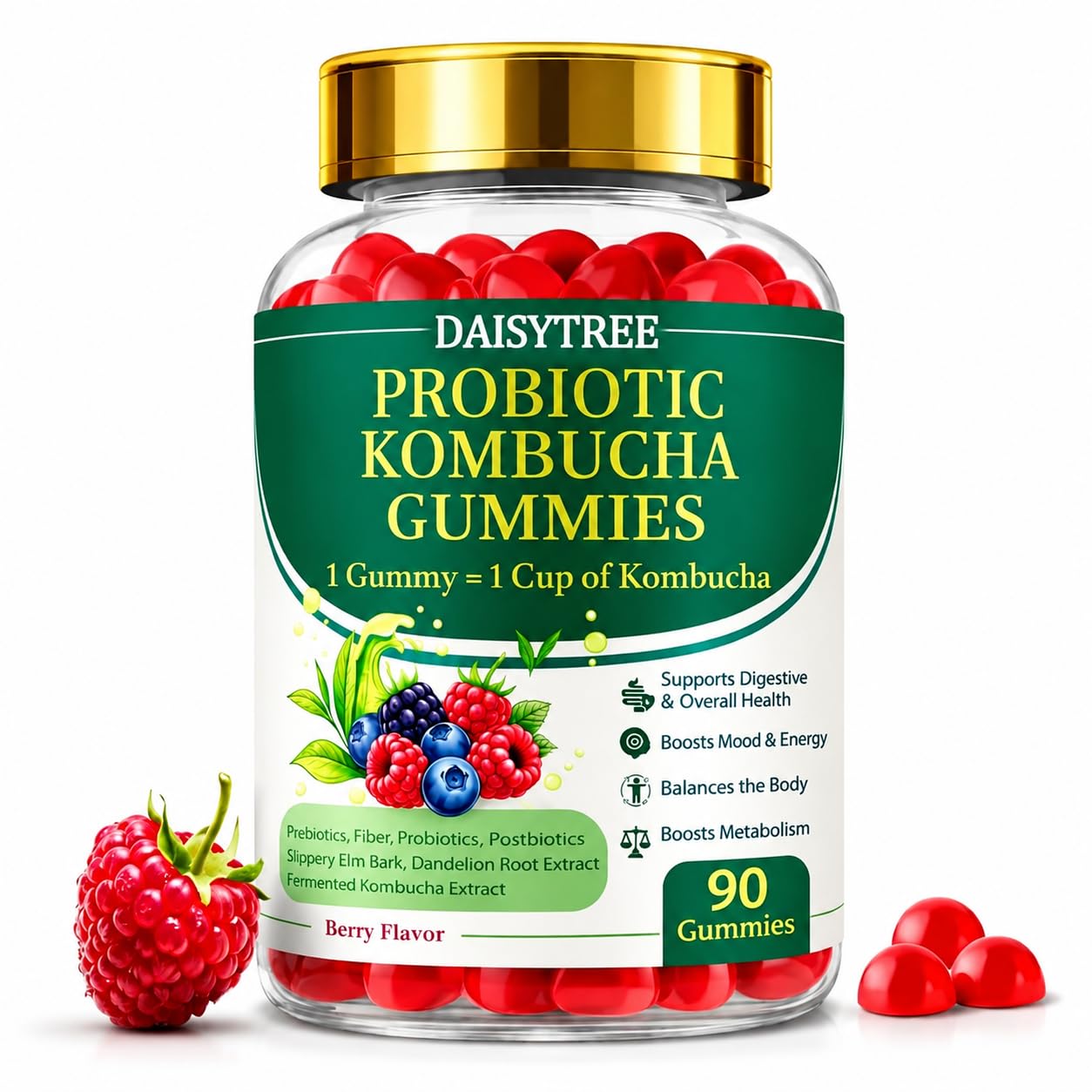 PRIMEHAVEN Probiotic Kombucha Gummies - Prebiotics, Probiotics, Postbiotics, Fiber Supplement, Slippery Elm, Dandelion Root, for Bloating, Gut Health