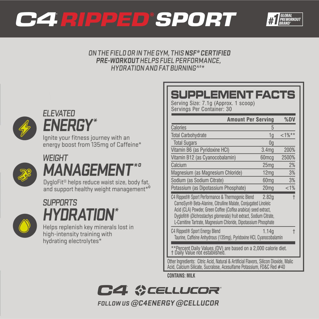 C4 Ripped Sport Pre Workout Powder Fruit Punch - NSF Certified for Sport + Zero Sugar Preworkout Energy Supplement for Men & Women - 135mg Caffeine