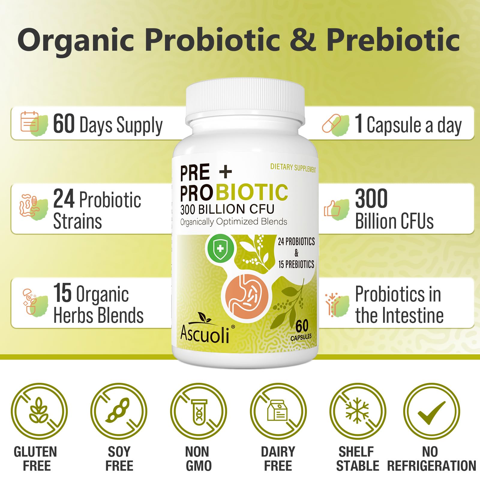 Ascuoli Probiotics for Women & Men - 300 Billion CFU, 24 Strains Probiotics + 15 Organic Herbs Blend, Daily Probiotic for Digestive Health,