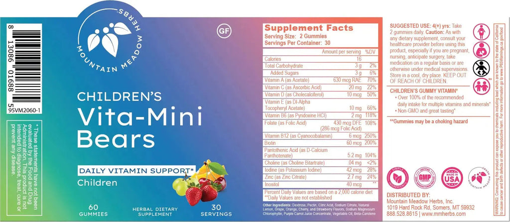 Mountain Meadow Herbs Vita-Mini Bears for Children | Multivitamin with Biotin, Folic & Pantothenic Acid, Iodin, Zinc | Mountain Meadow Herbs Au supplements