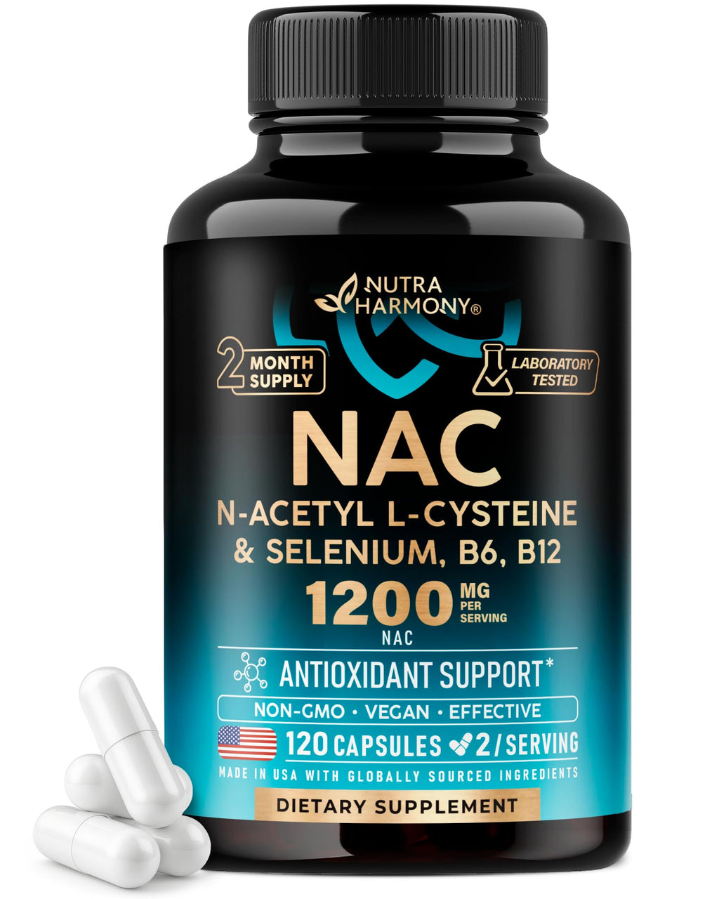 NAC Supplement | Selenium | B6 | B12 - Antioxidant, Immune Support - N Acetyl Cysteine 600 mg per Capsule, 1200 mg per Serving - Made in USA - Non-GMO, Gluten-Free