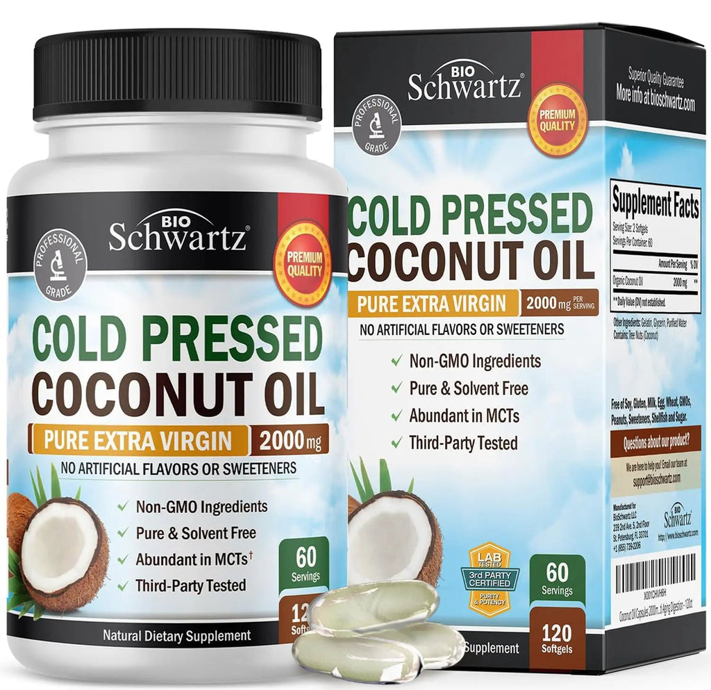 Coconut Oil Capsules 2000mg - Organic Pure Extra Virgin Unrefined Cold Pressed MCT BioSchwartz Au supplements