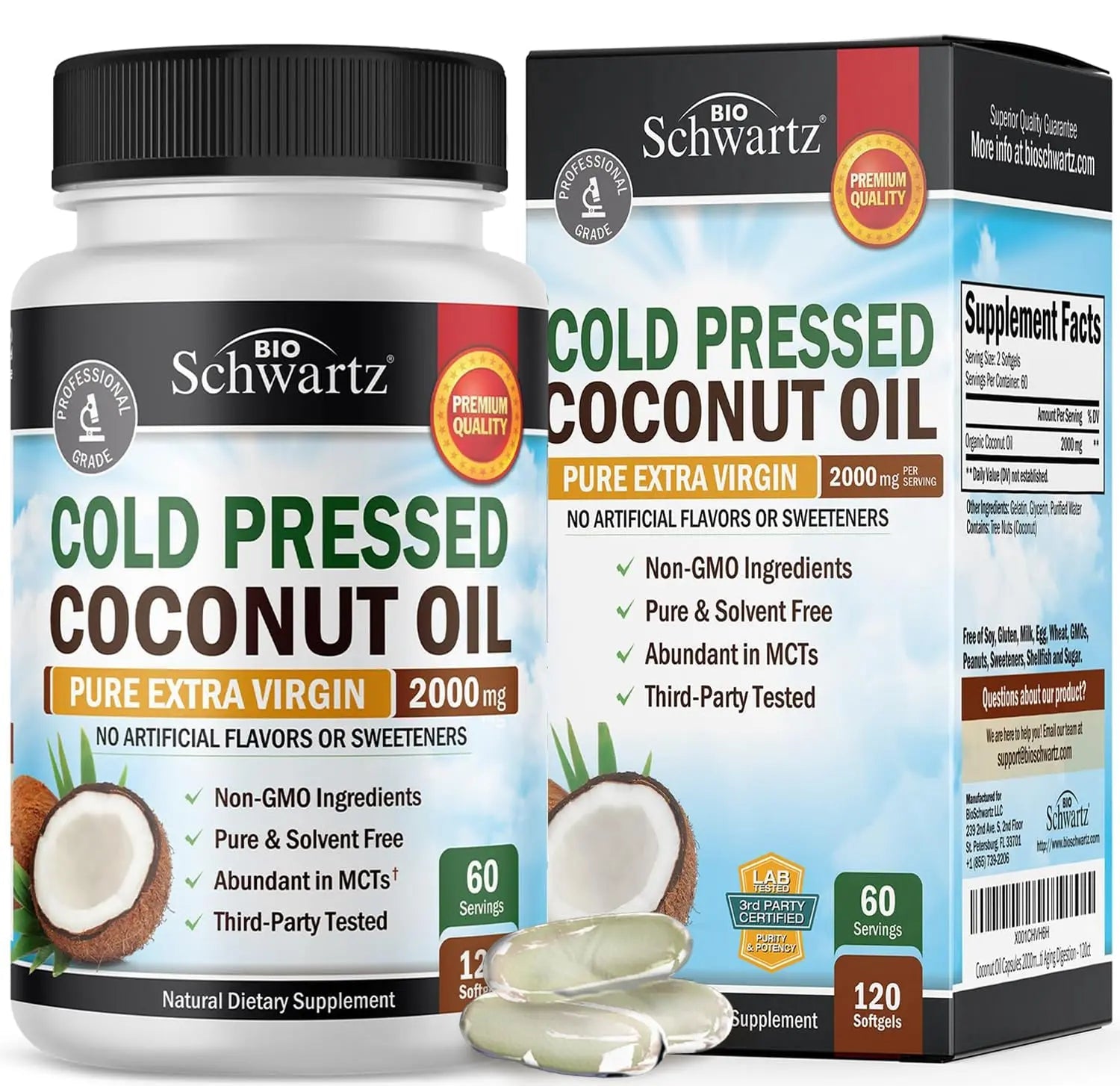 Coconut Oil Capsules 2000mg - Organic Pure Extra Virgin Unrefined Cold Pressed MCT BioSchwartz Au supplements