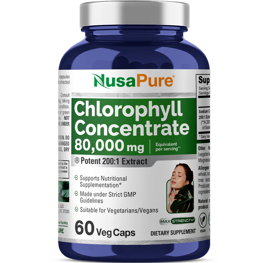NusaPure Chlorophyll 200:1 Extract, 400 mg Equivalent to 80,000mg 60 Veggie Caps (Equivalent 80000mg per Serving, Non-GMO, Vegan) Sodium Copper Chlorophyllin NusaPure Au supplements