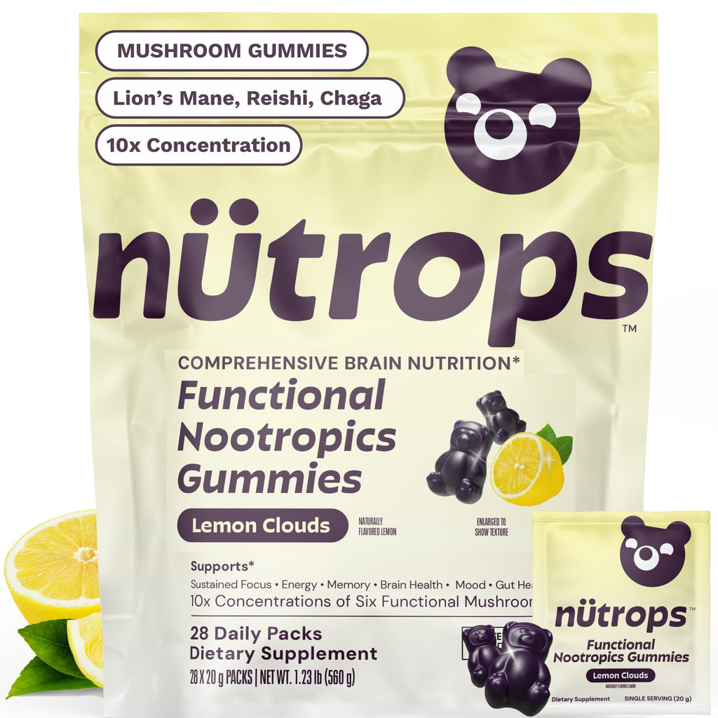 Nutrops Lions Mane Mushroom Gummies for adults, Functional Nootropics, Herbal Brain Supplement for Energy, Brain Health, Cognitive, Memory & Focus, Reishi, Chaga, Cordyceps, Coriolus, 28 daily Packs Grüns Au supplements