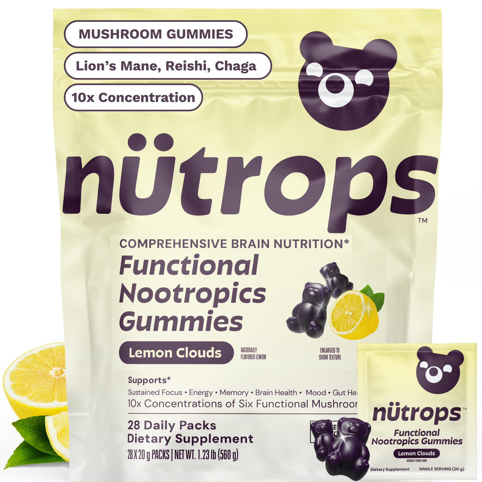 Nutrops Lions Mane Mushroom Gummies for adults, Functional Nootropics, Herbal Brain Supplement for Energy, Brain Health, Cognitive, Memory & Focus, Reishi, Chaga, Cordyceps, Coriolus, 28 daily Packs Grüns Au supplements
