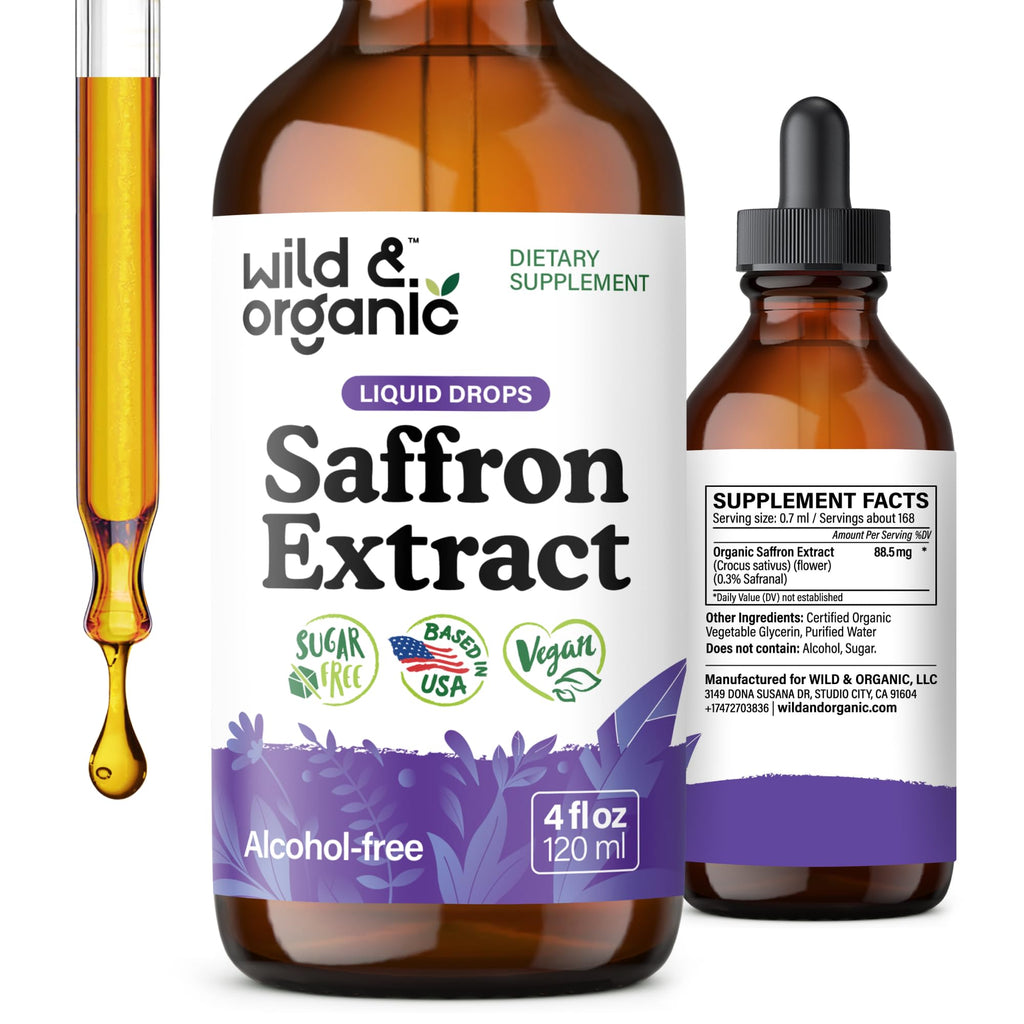 Wild & Organic Saffron Supplements 88.5 mg - Mood, Focus & Eye Support - Saffron Extract Liquid Drops - Add to Tea - 5-Month Supply - Crocus Sativus Herb