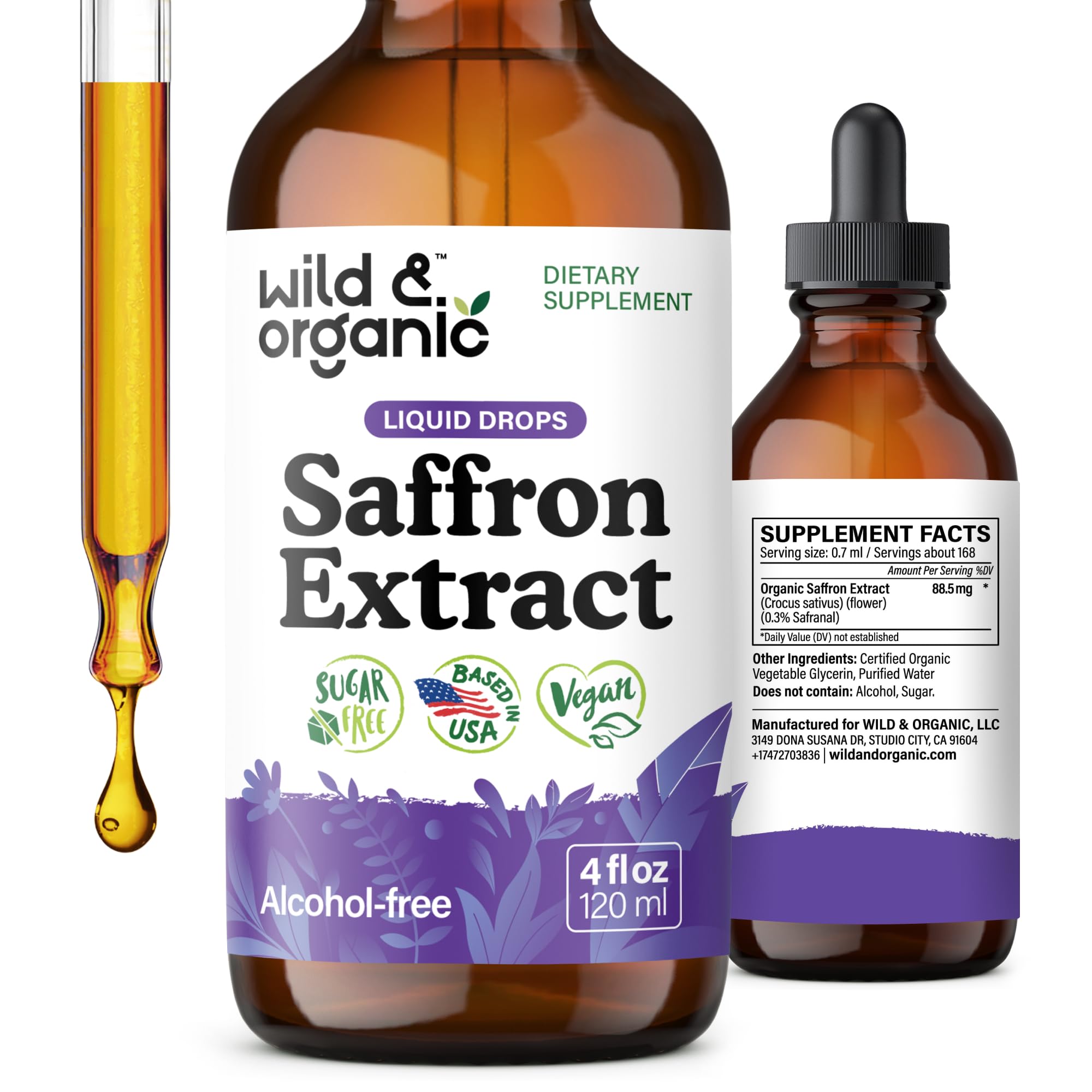 Wild & Organic Saffron Supplements 88.5 mg - Mood, Focus & Eye Support - Saffron Extract Liquid Drops - Add to Tea - 5-Month Supply - Crocus Sativus Herb