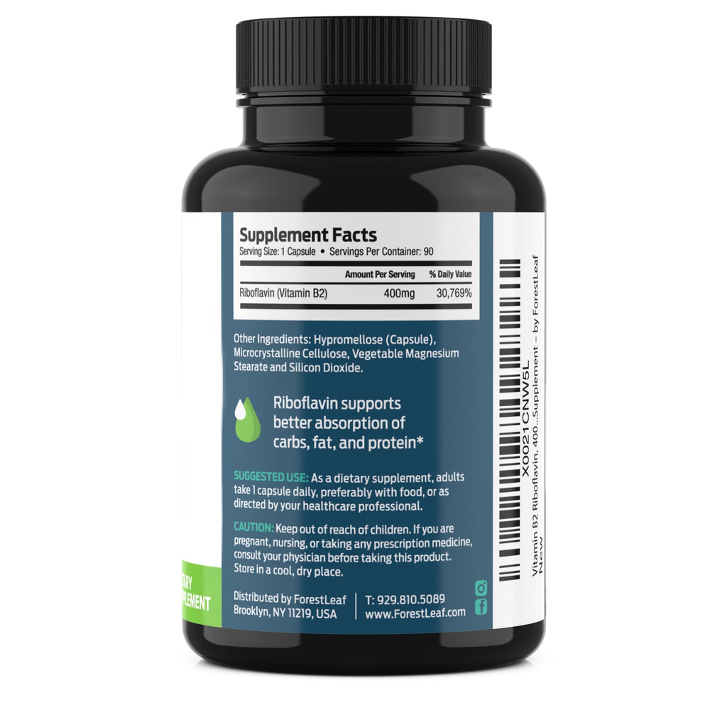 ForestLeaf Vitamin B2 Riboflavin 400mg - Energy, Skin & Cellular Health Supplement - Nervous System Support - Vitamin B 2 VIT B - Non-GMO & Gluten Free